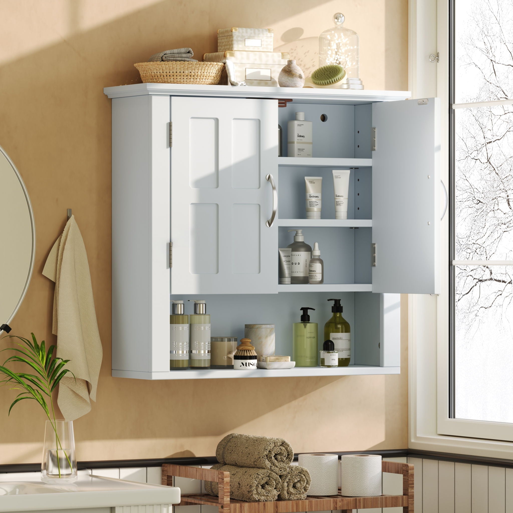 Multi Functional Wall Mounted Cabinet With Adjustable Shelves For Bathroom