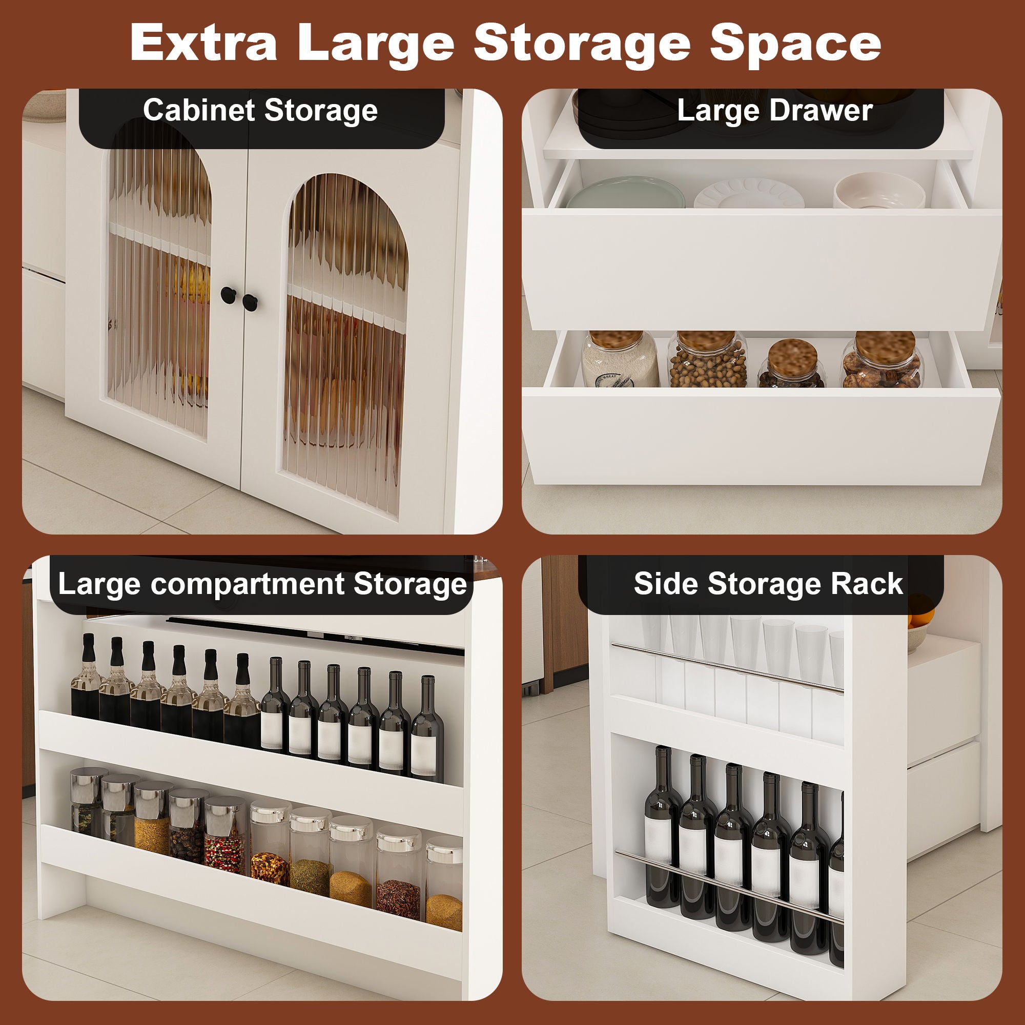 Retro Kitchen Island Set With Chairs, Extendable & Rotating Table, 4 Drawers & Door Cabinets