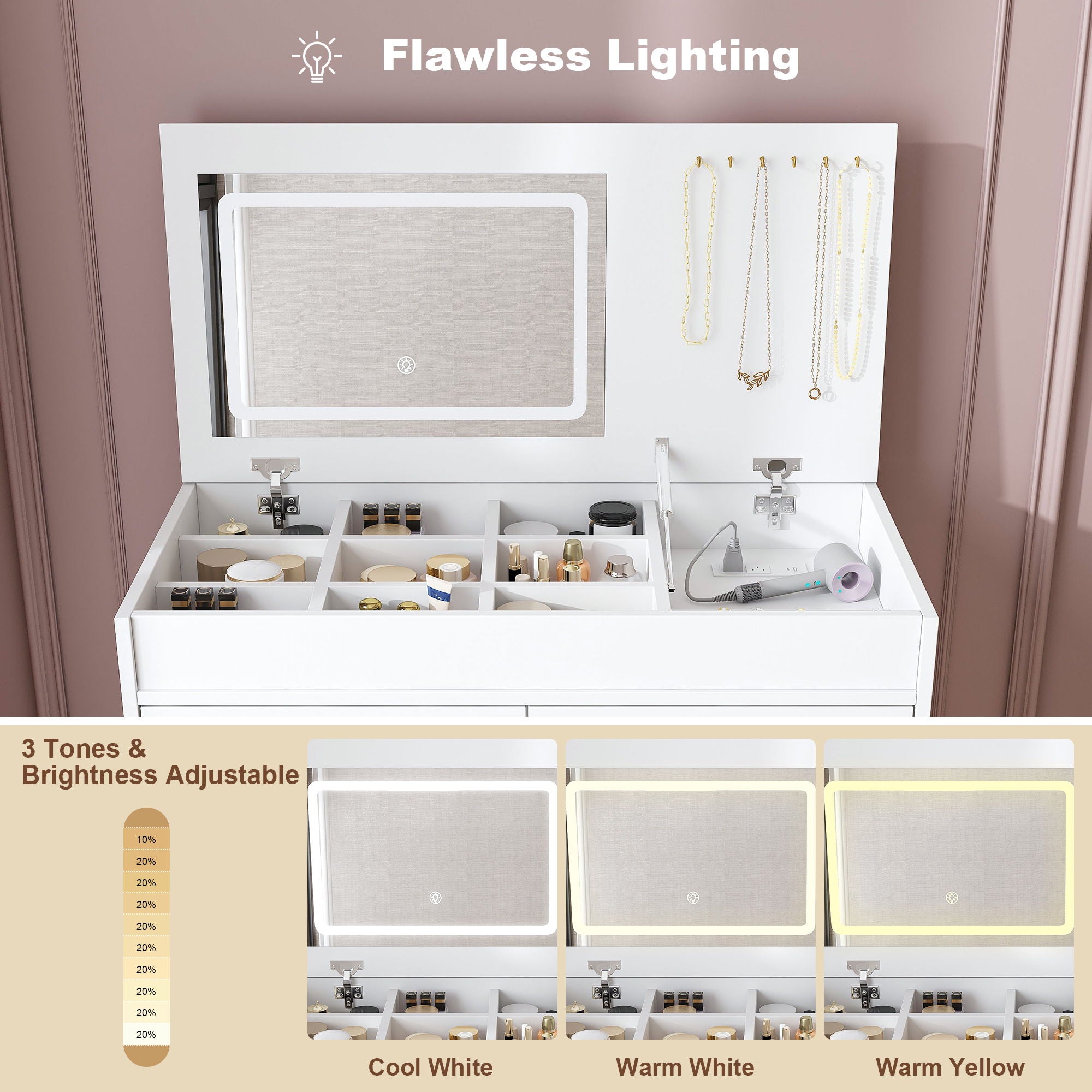 Flip Top Vanity Desk With LED Mirror & Outlet Makeup Table With 2 Drawers, Open Storage, And Jewelry Hooks - White