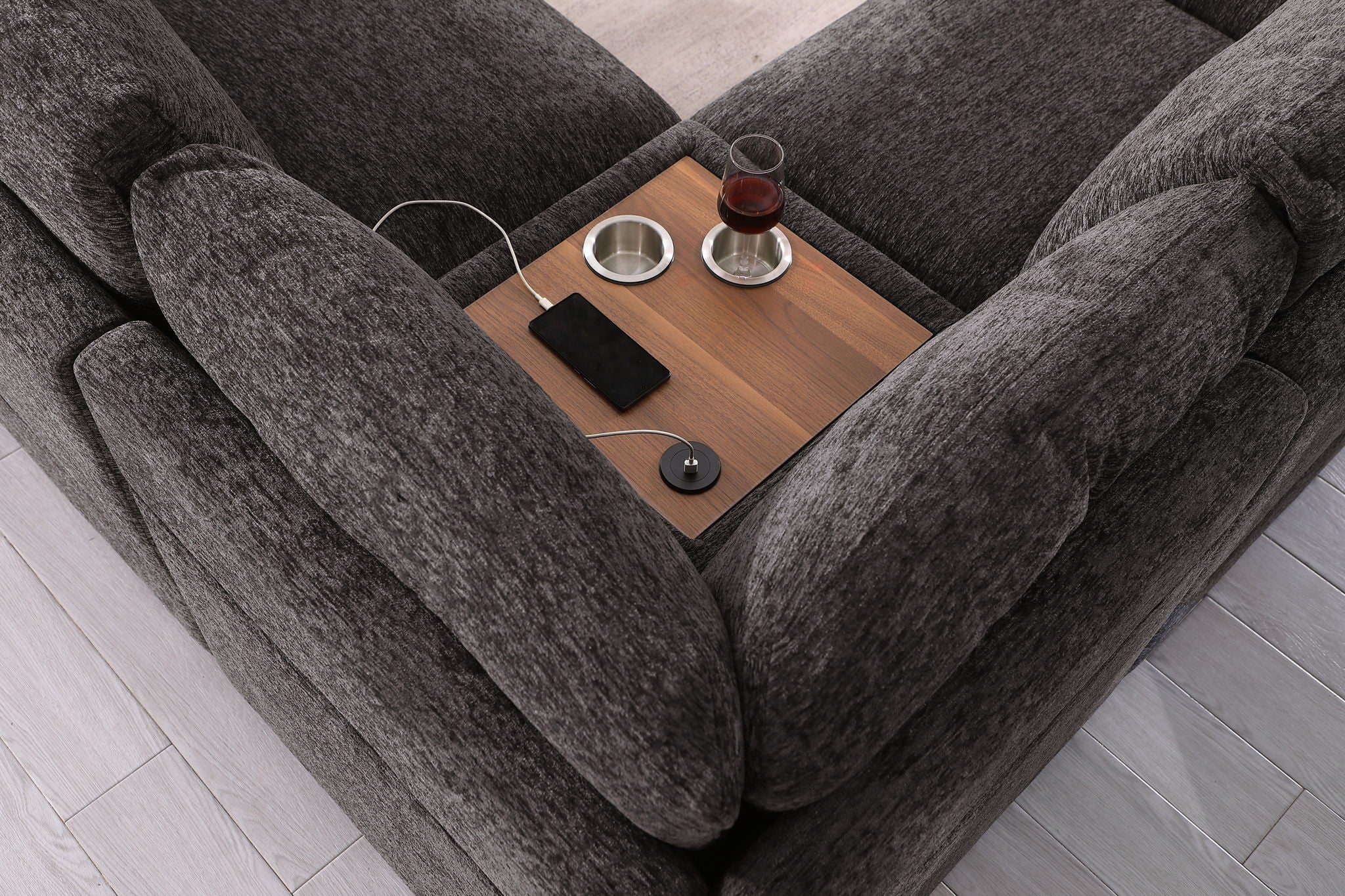 Celine - Corner Sectional Sofa With Right Facing Chaise, Cupholders, And Charging Ports - Gray