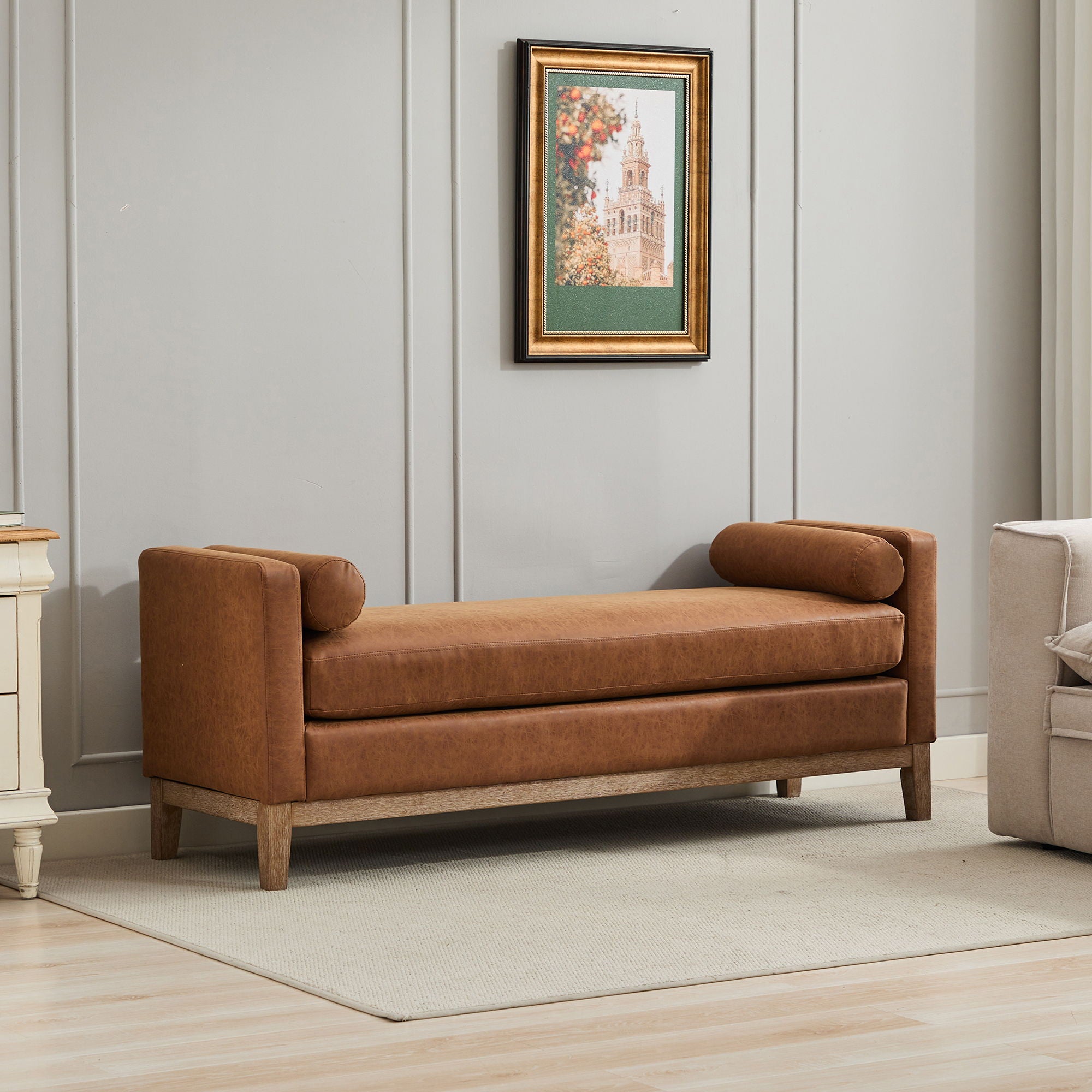 Elegant Upholstered Bench Daybed Ottoman With Bolster Pillows
