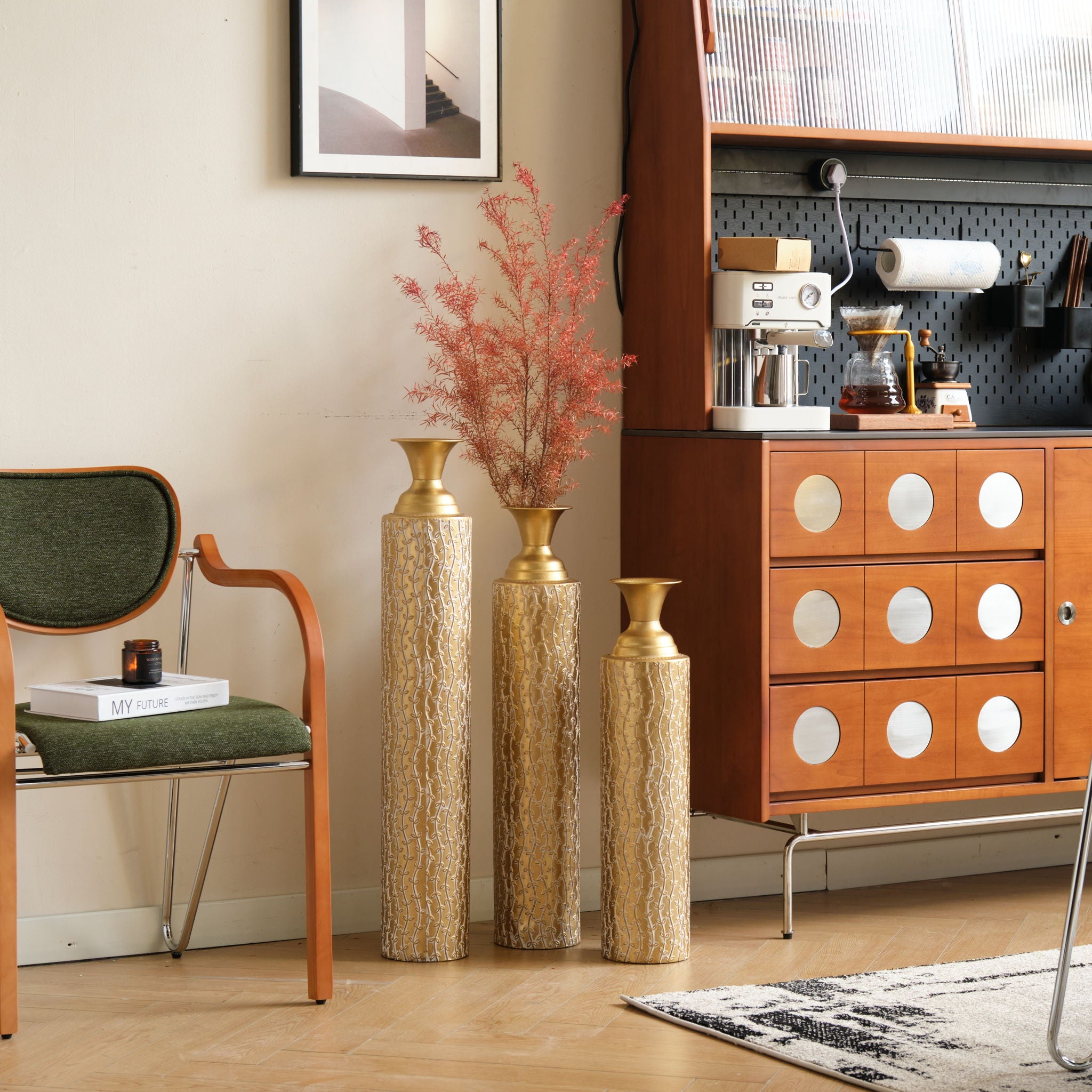 Metal Decorative Vases High Distress Metal Center Vases With Growing Vine Patterns, (Set of 3) Vases For Home Decoration - Gold