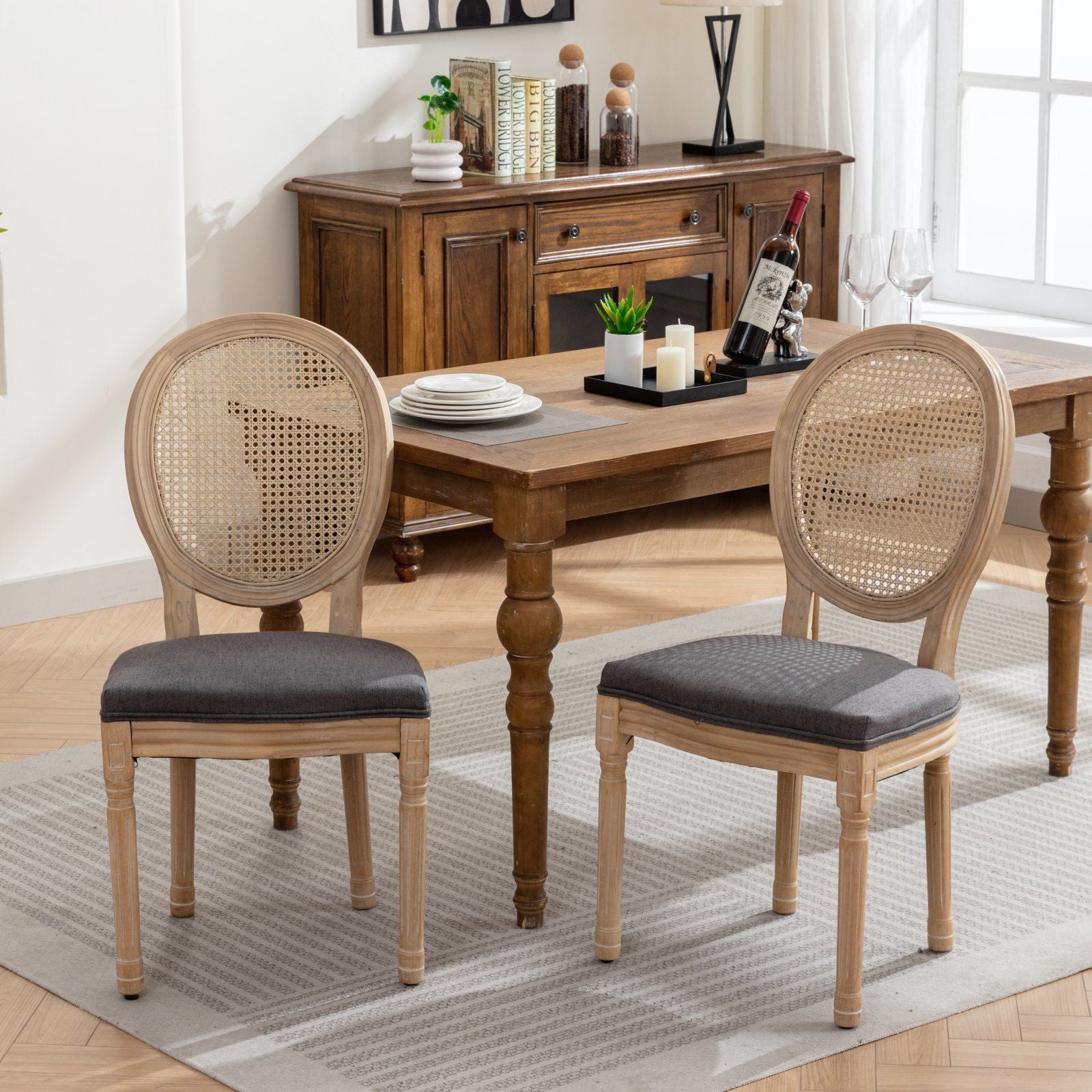 French Style Solid Wood Frame Antique Painting Fabric Rattan Back Dining Chair (Set of 2)