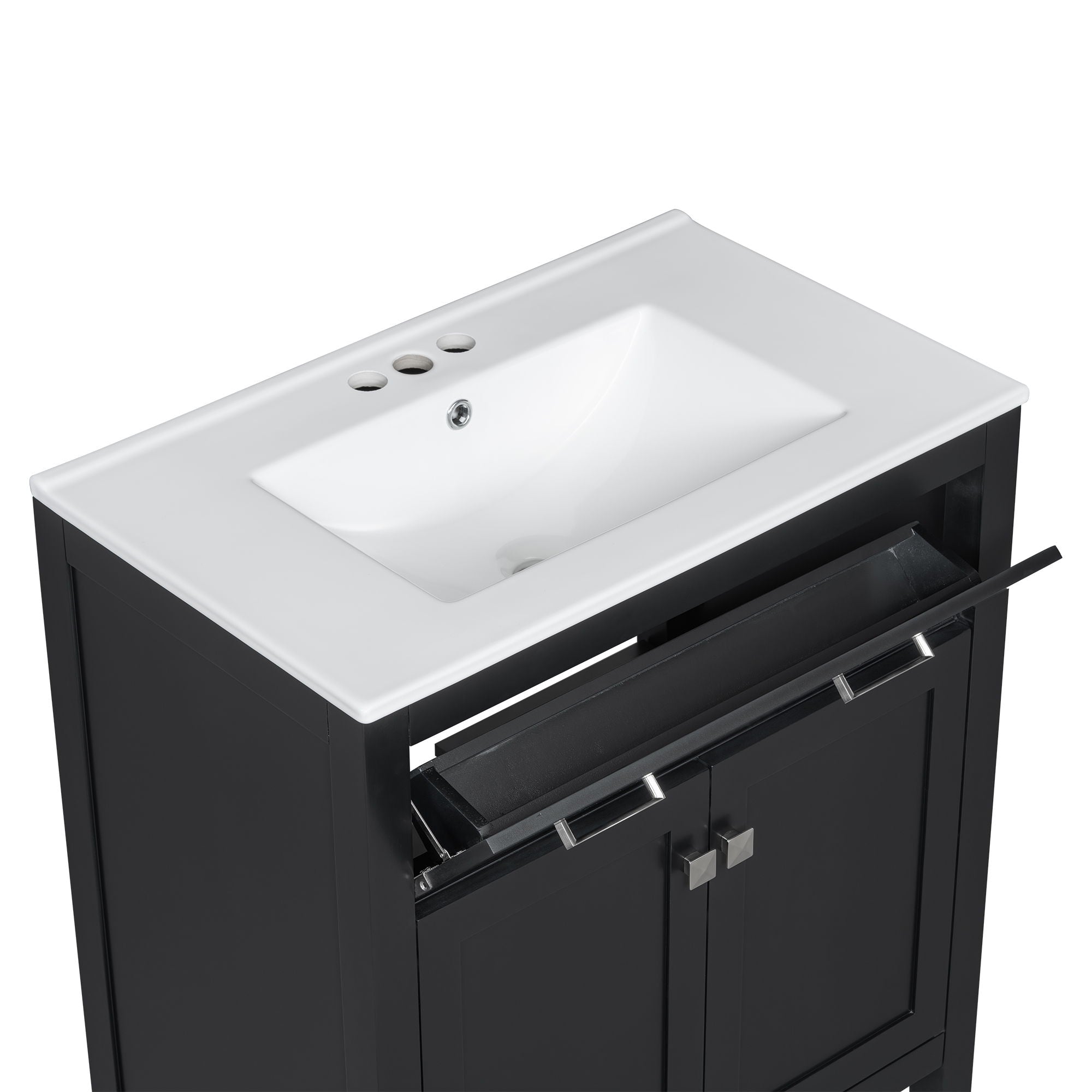 Bathroom Vanity With Ceramic Sink, Modern Single Bathroom Cabinet With 2 Doors And A Shelf, Soft Close Doors