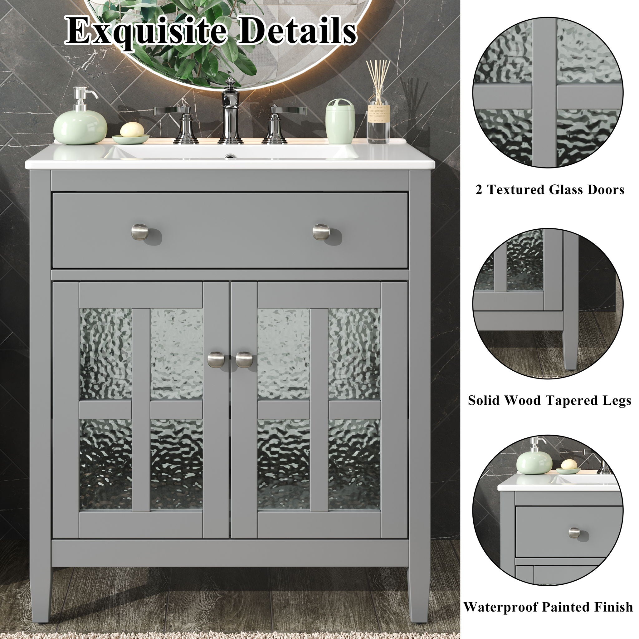Bathroom Vanity With Ceramic Sink, Adjustable Shelf & Tip Out Tray