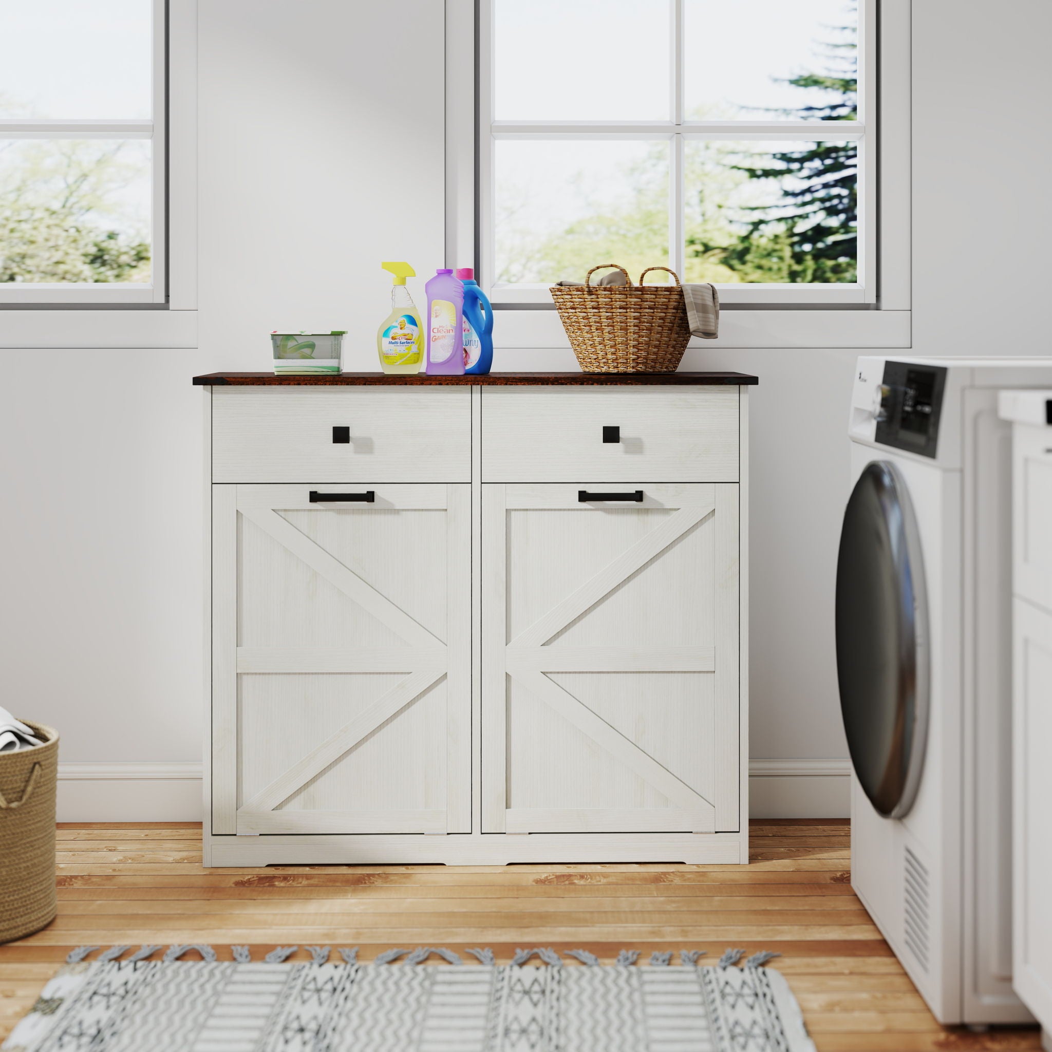 Double Tilt Out Trash Cabinet With Hideaway Drawer And Barn Door Style