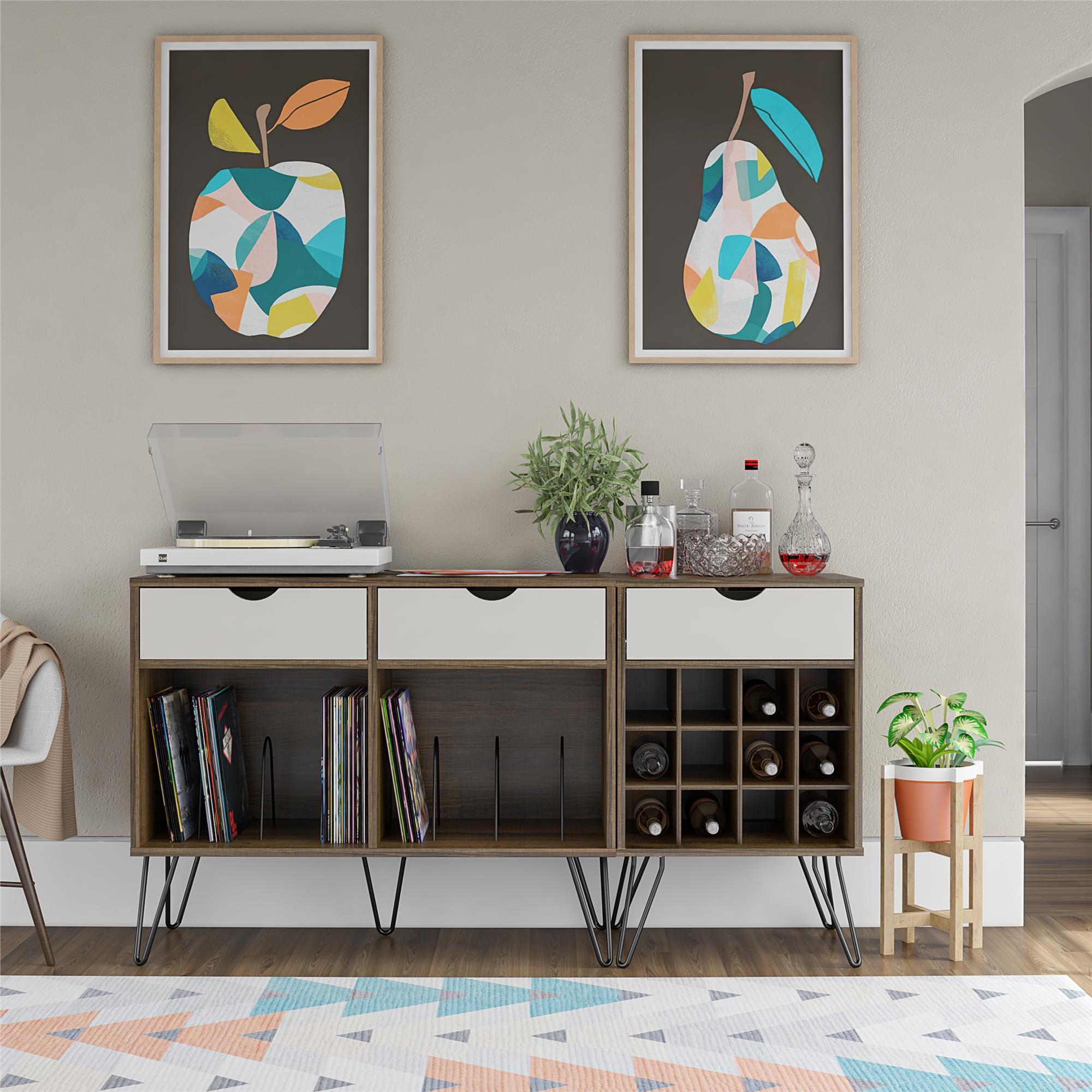 Beverage Storage Stand With 12 Bottle Cubbies And Drawer - Brown Oak