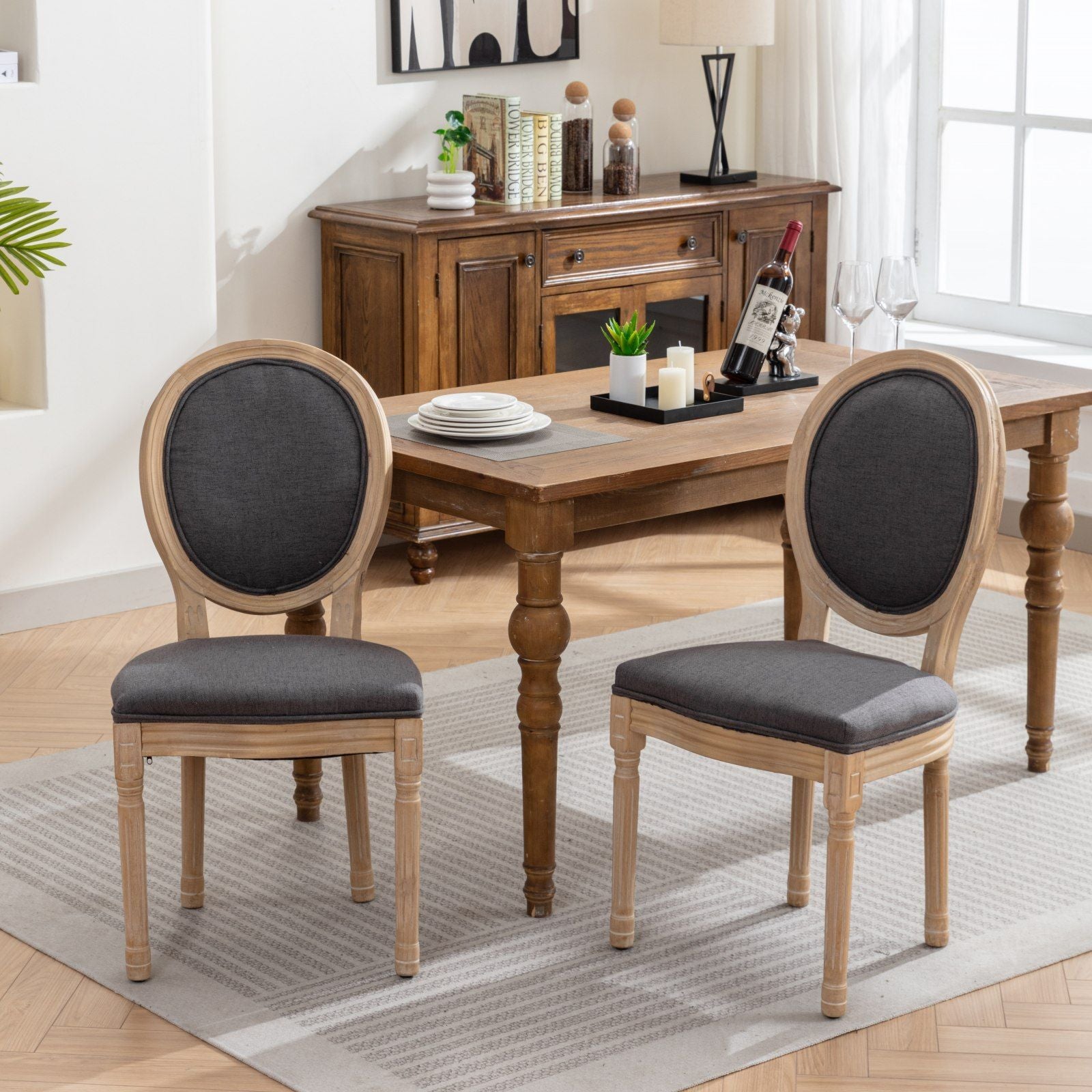 French Style Solid Wood Frame Antique Painting Fabric Back Dining Chair (Set of 2)