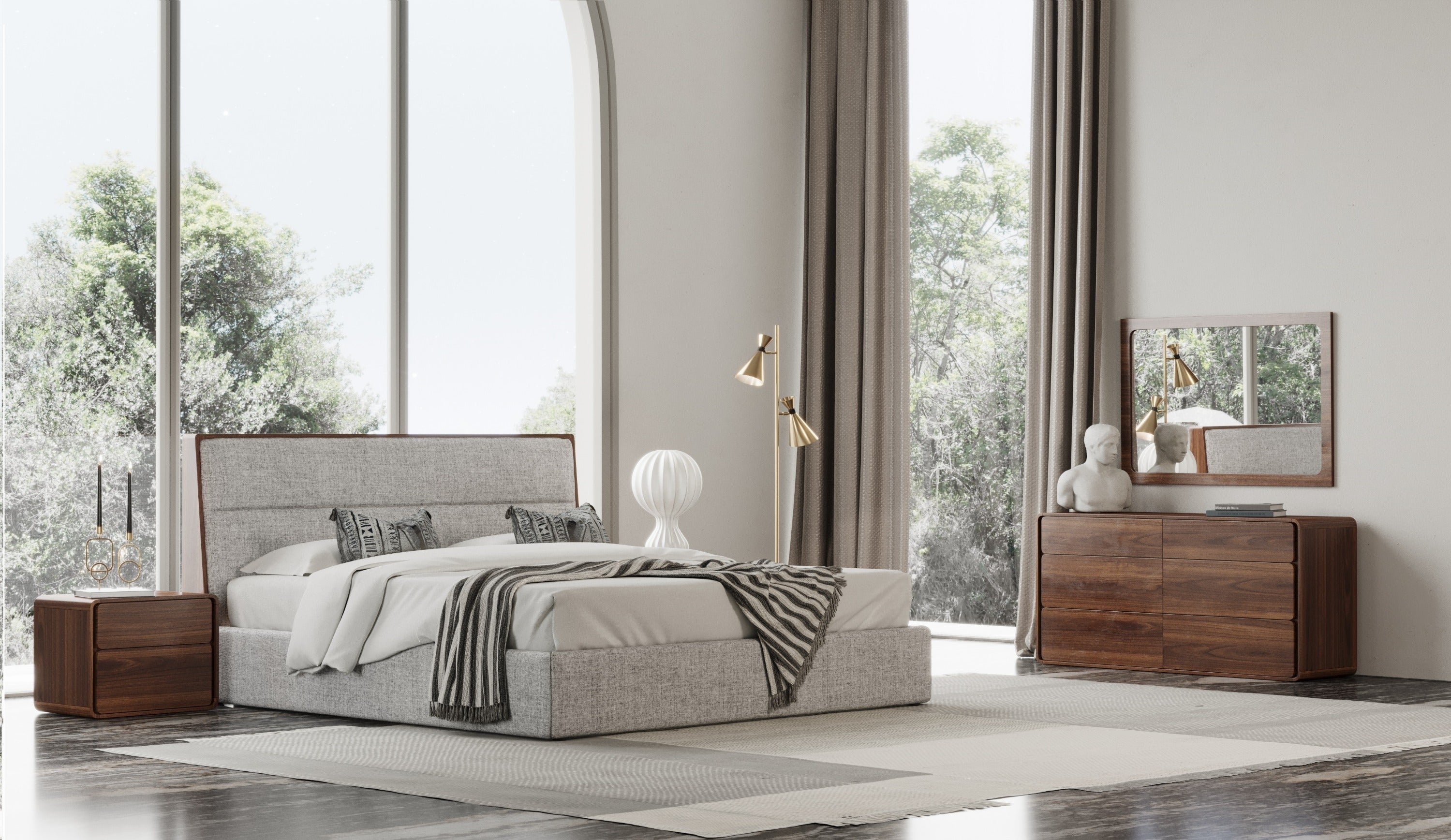 Modrest Dustin - Modern Grey Fabric & Walnut Trimmed Bedroom Set