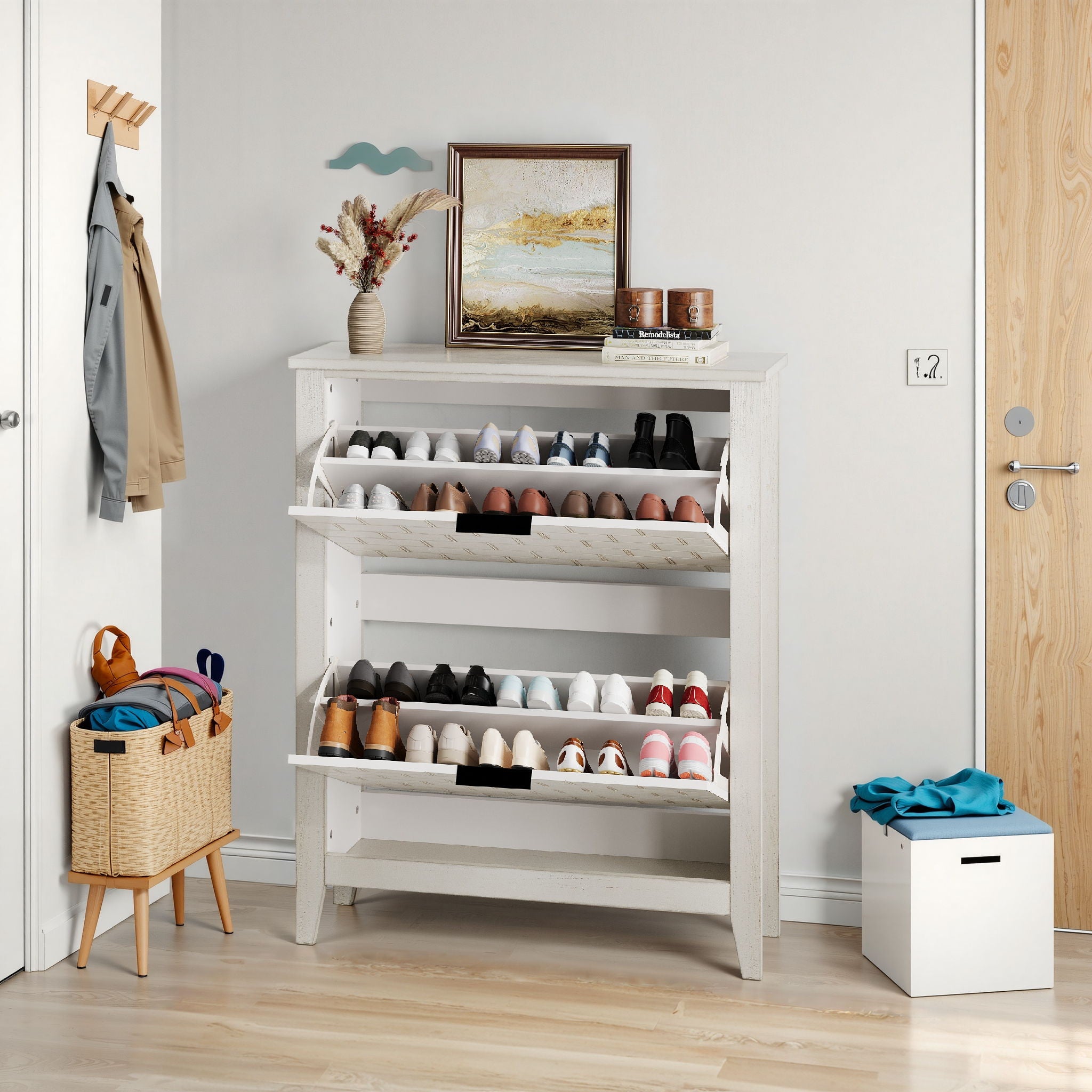 Retro Shoe Storage Cabinet, Mid Century Vintage Freestanding With 2 Flip Drawers, Suitable For Entryway - Retro White / White / Vintage