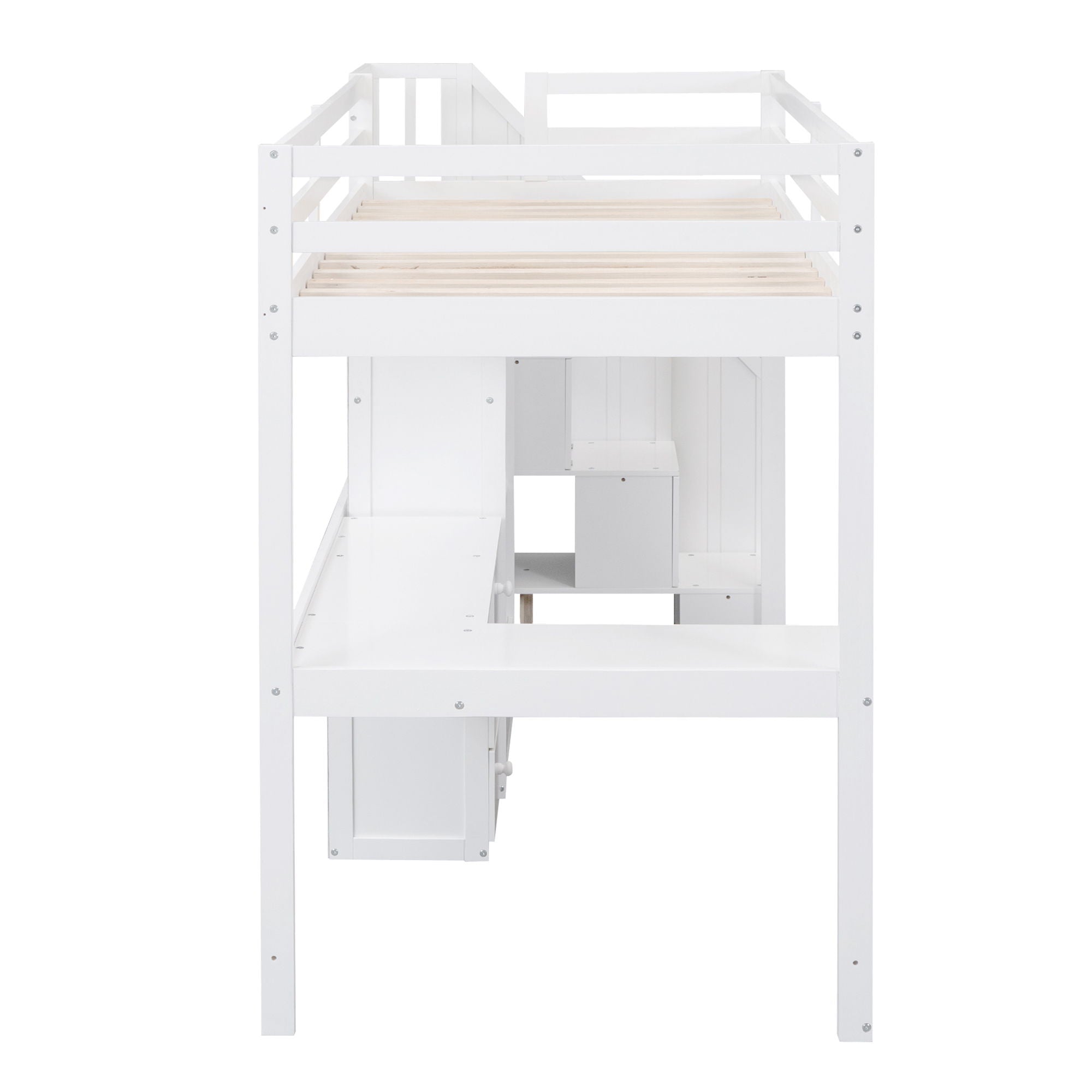 Loft Bed With L Shaped Desk, Drawers, Cabinet, And Storage Staircase