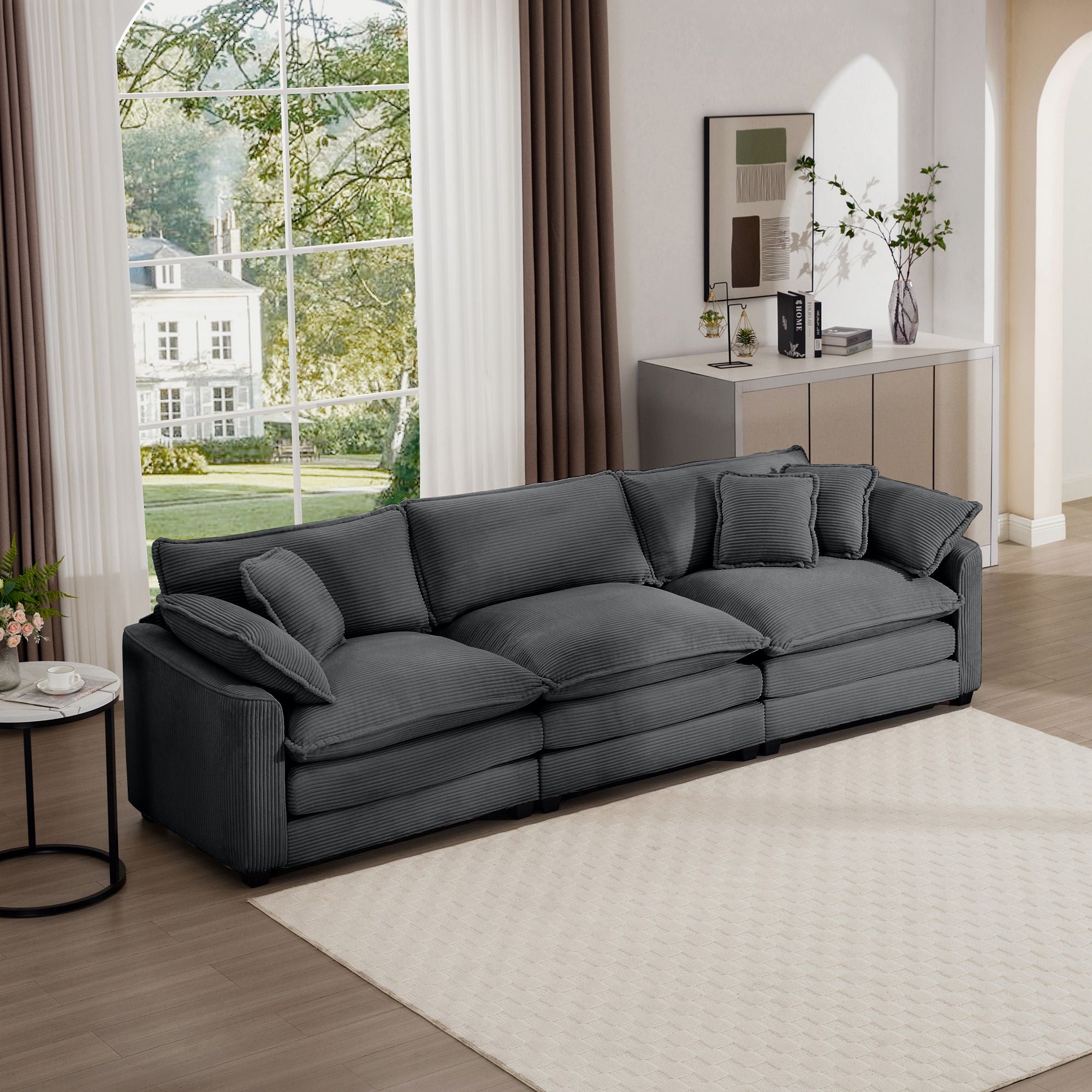 Mid-Century Modern 3 Seater Sectional Sofa With Arm And Throw Pillows