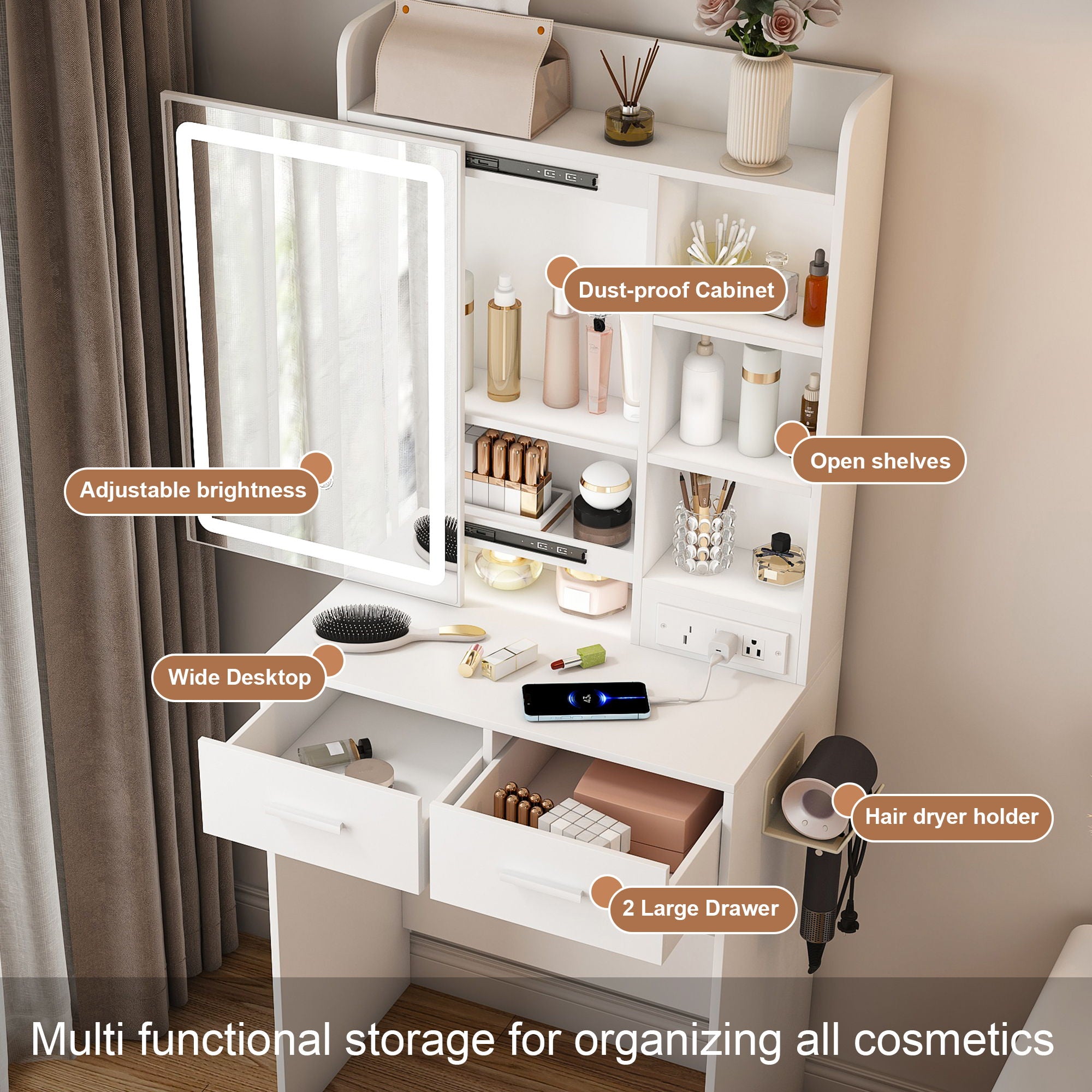 Small Makeup Vanity Desk With Adjustable LED Lights