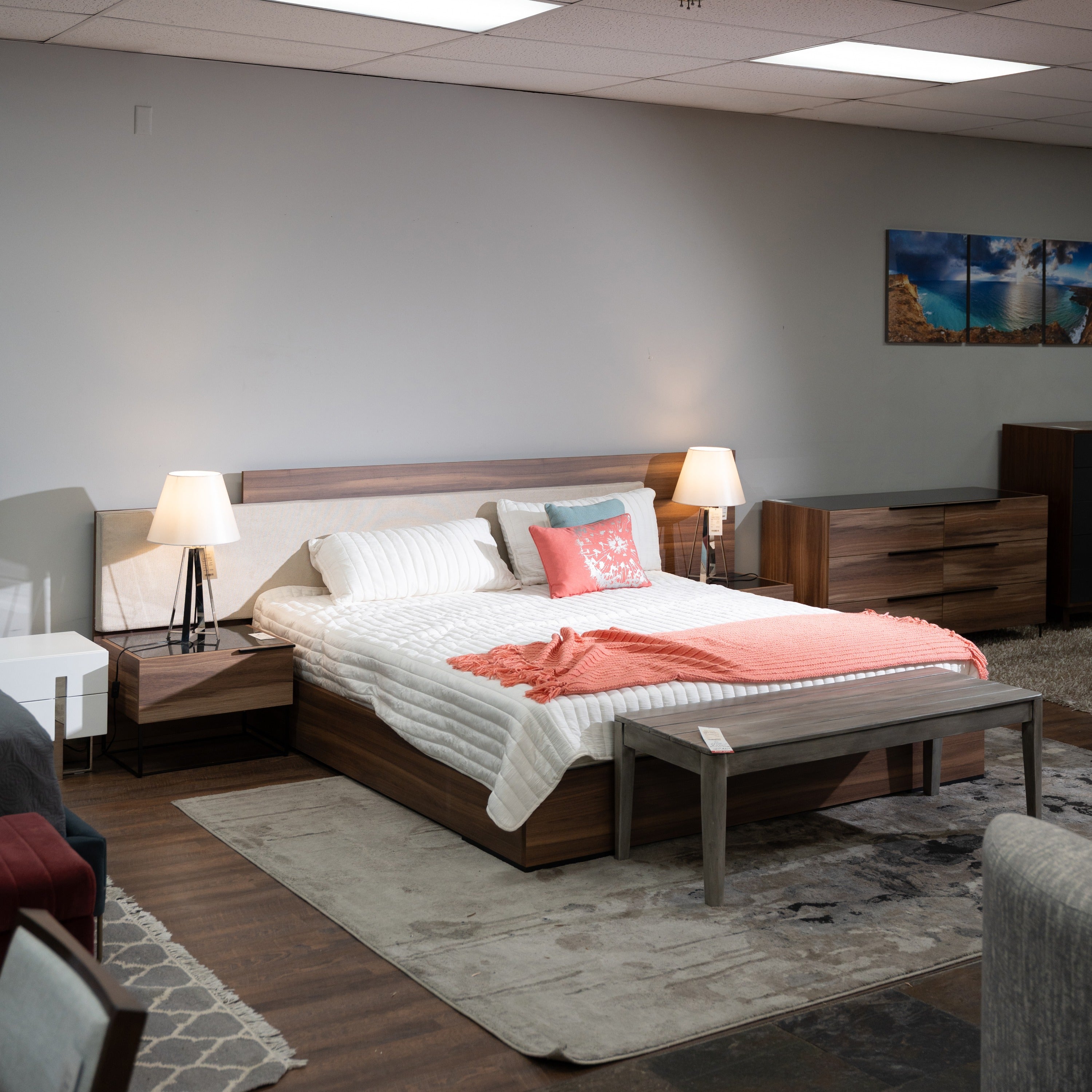 Nova Domus Matteo Italian Modern Walnut & Fabric Bed + 2 Nightstands + Dresser Set