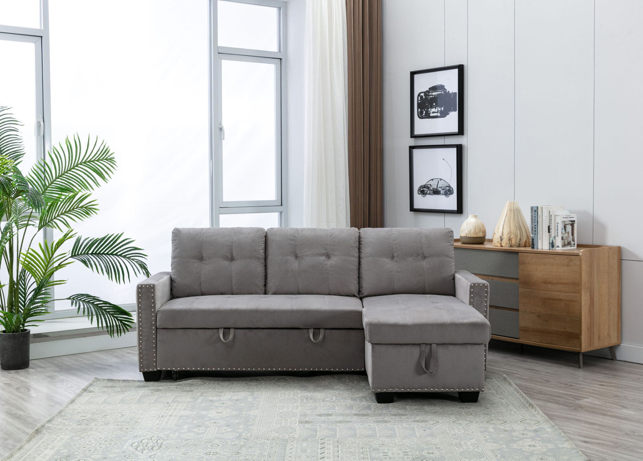 Reversible Sectional Storage Sleeper Sofa Bed, L-Shape 2 Seat Sectional Chaise With Storage, Skin-Feeling Fabric