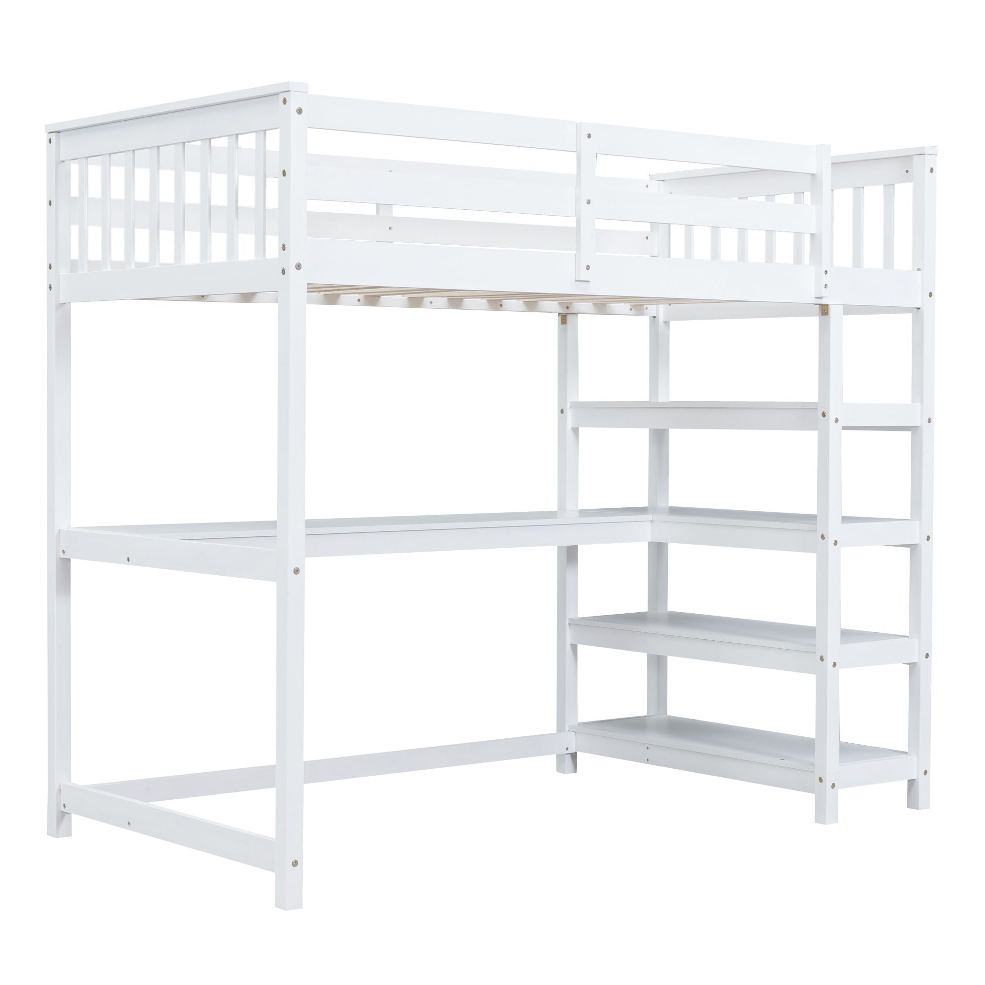 Loft Bed With Storage Shelves And Under Bed Desk