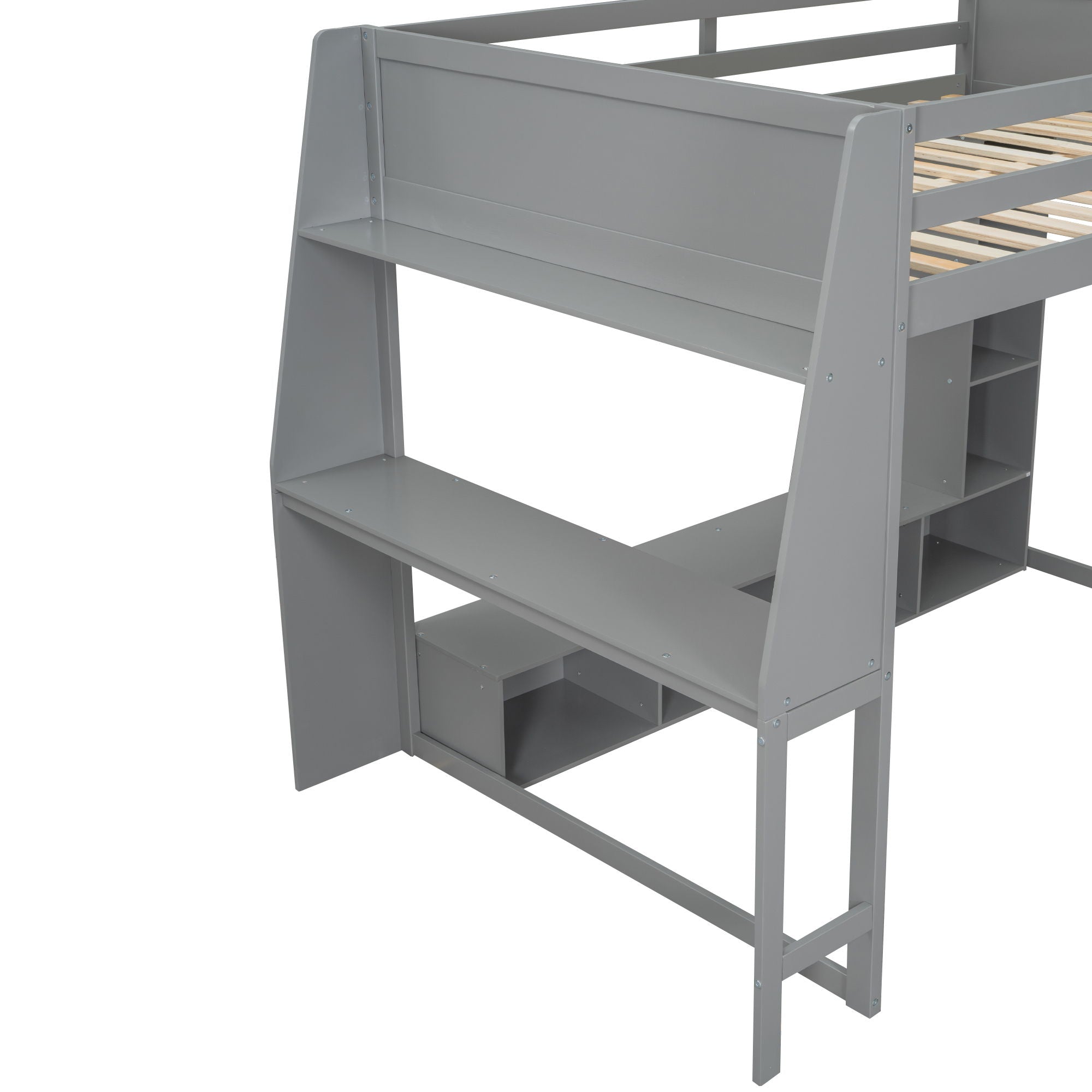 Gaming Loft Bed With Desk, Multi Storage Shelves, LED Lighting, And Hanging Clothes Rack