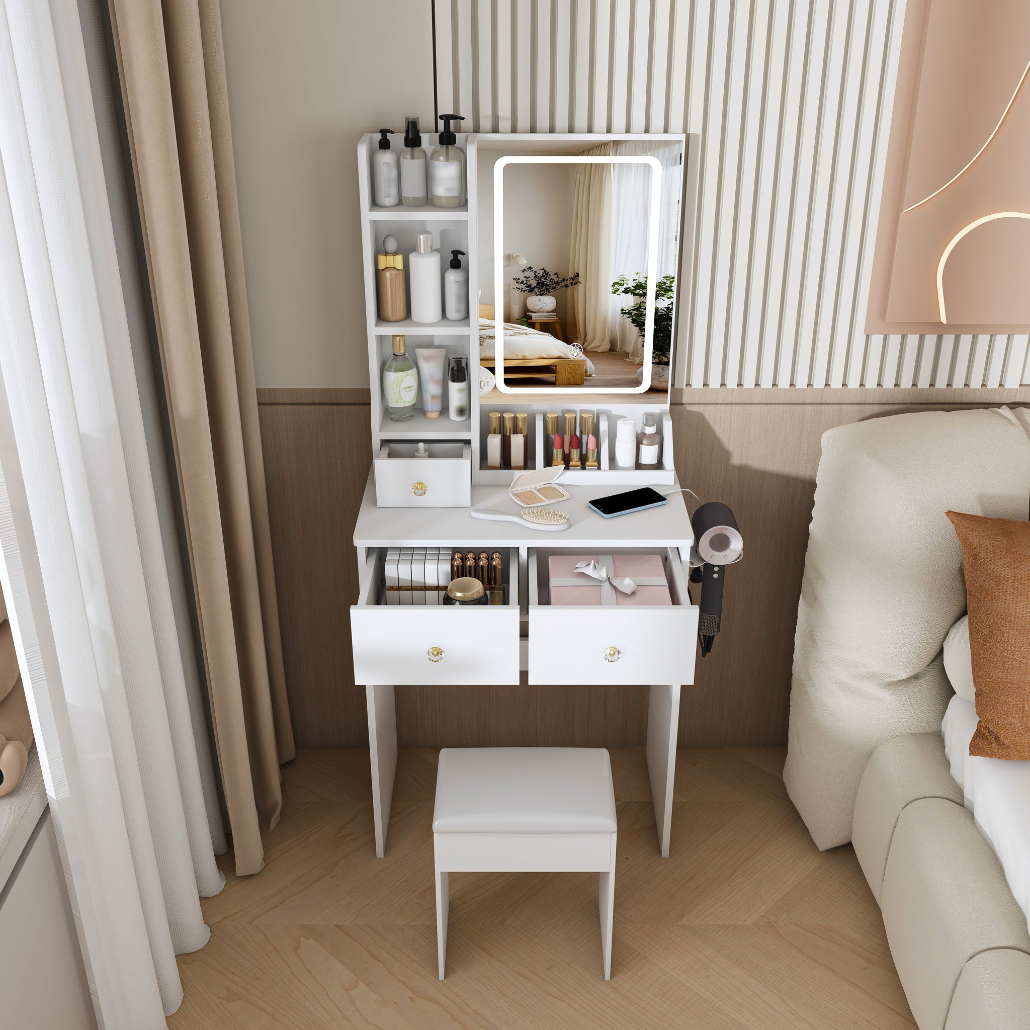 Modern Small Vanity Desk With 3 LED Lighting Modes, 3 Drawers