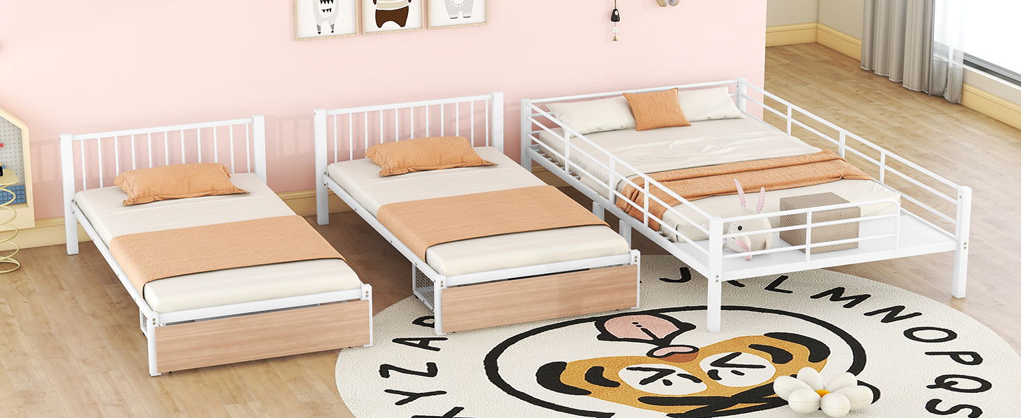 Triple Bunk Bed With Drawers, Multi-Functional Frame With Desks And Shelves In The Middle
