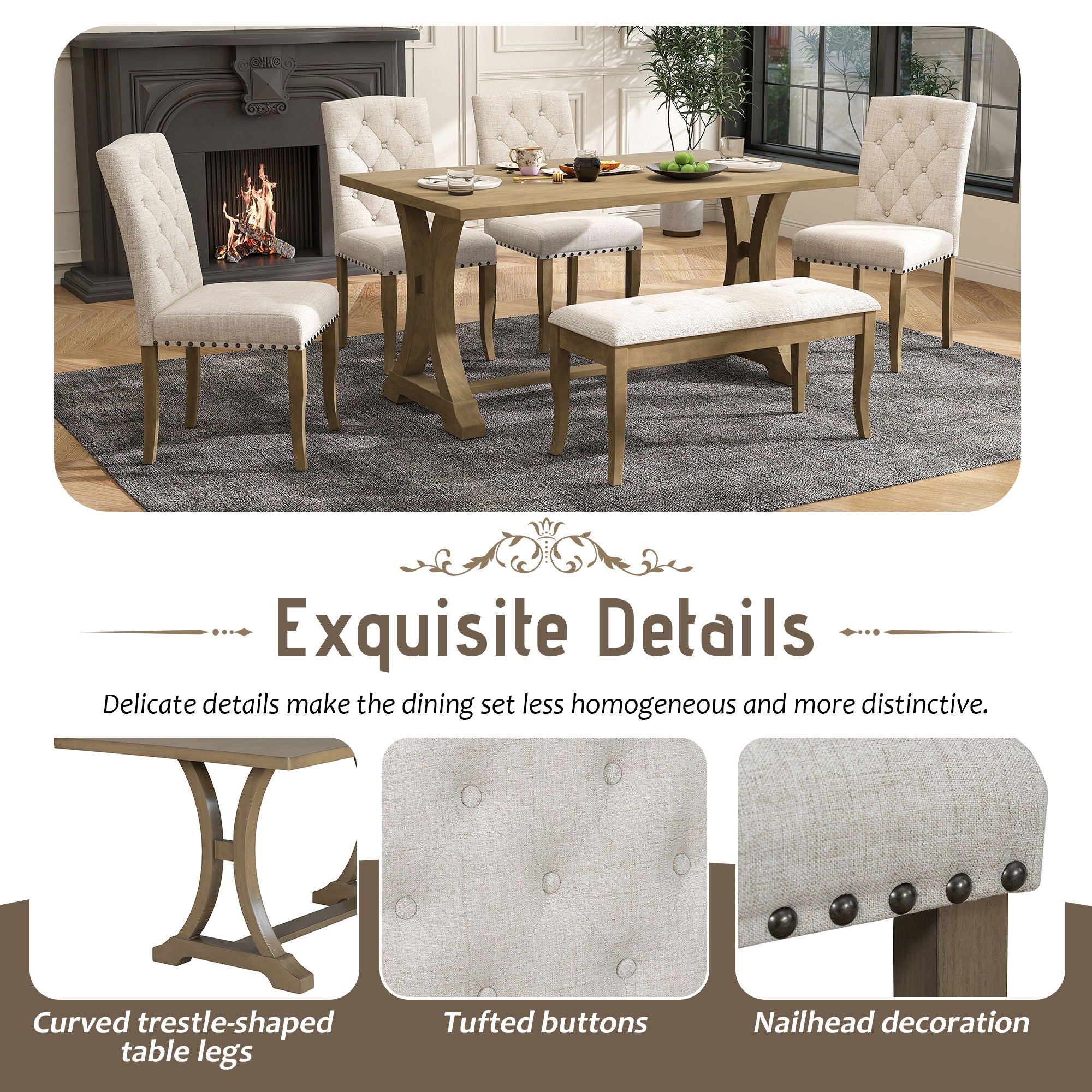 Dining Table Set With 4 Upholstered Chairs And Bench
