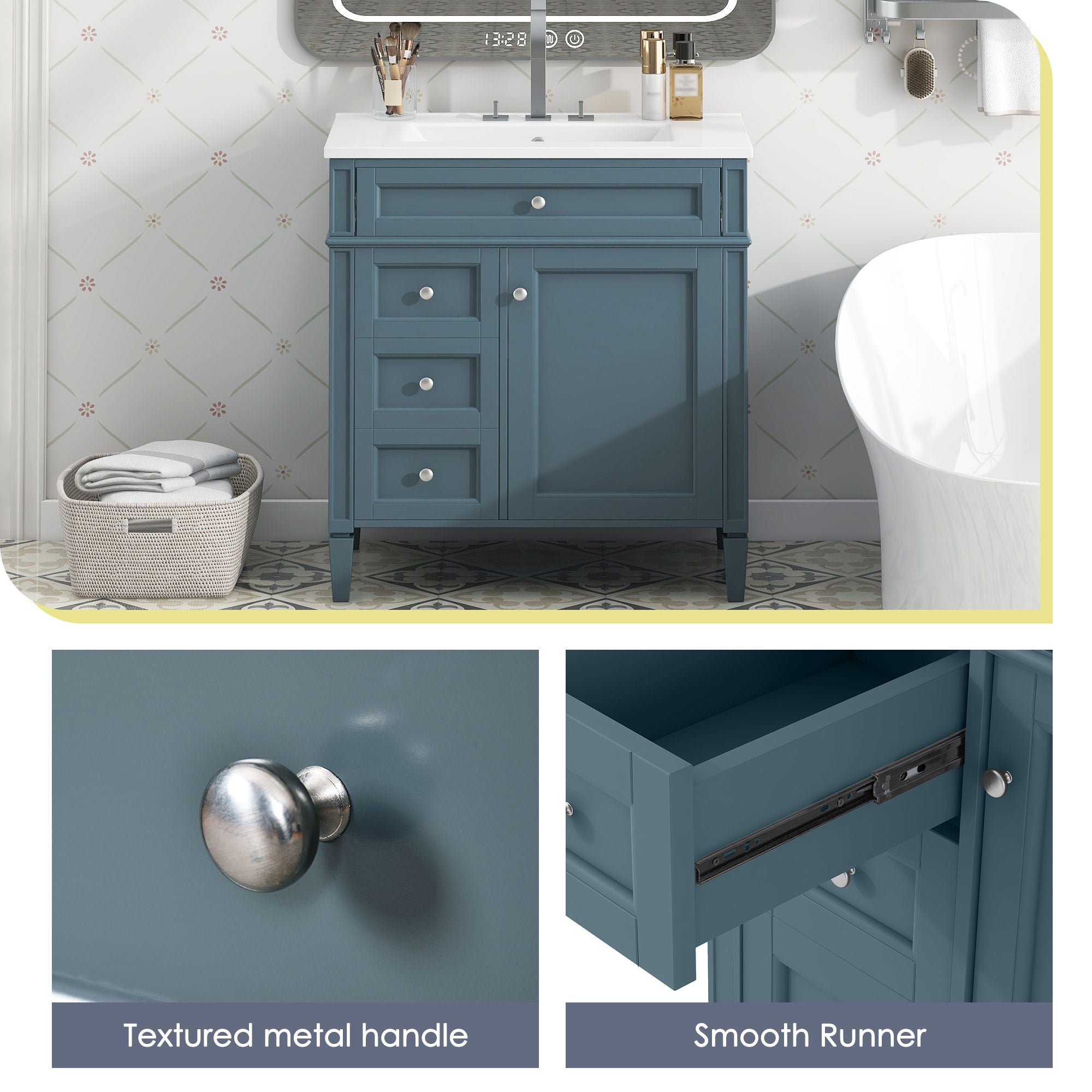 Bathroom Vanity With Top Sink, Storage Cabinet With 2 Drawers And Tip Out Drawer, Rectangular Design - Indigo Blue