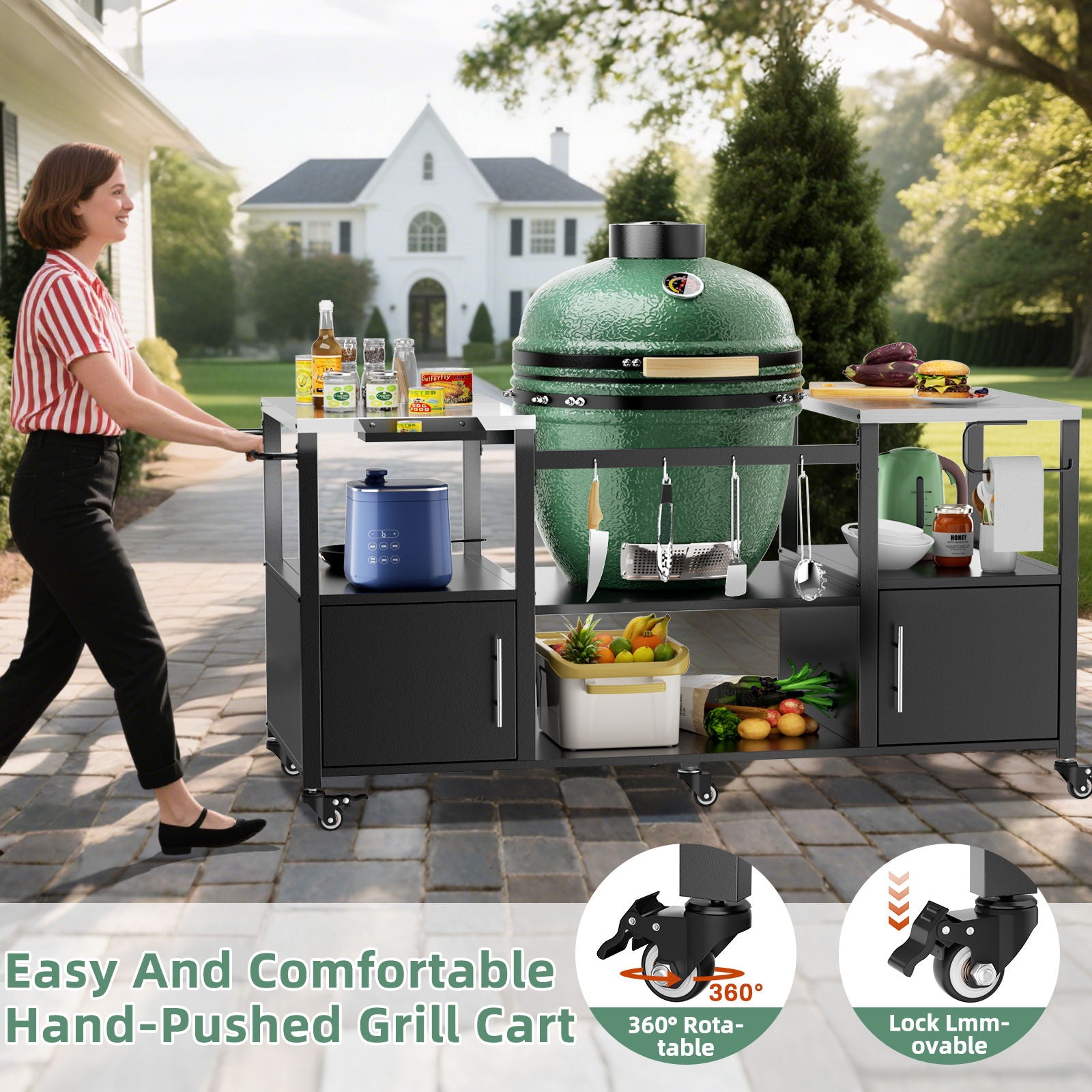 Outdoor Grill Table For Big Egg Style Bbq With Metal Grill Cart And Storage Box And Metal And Stainless Steel - Black / Silver