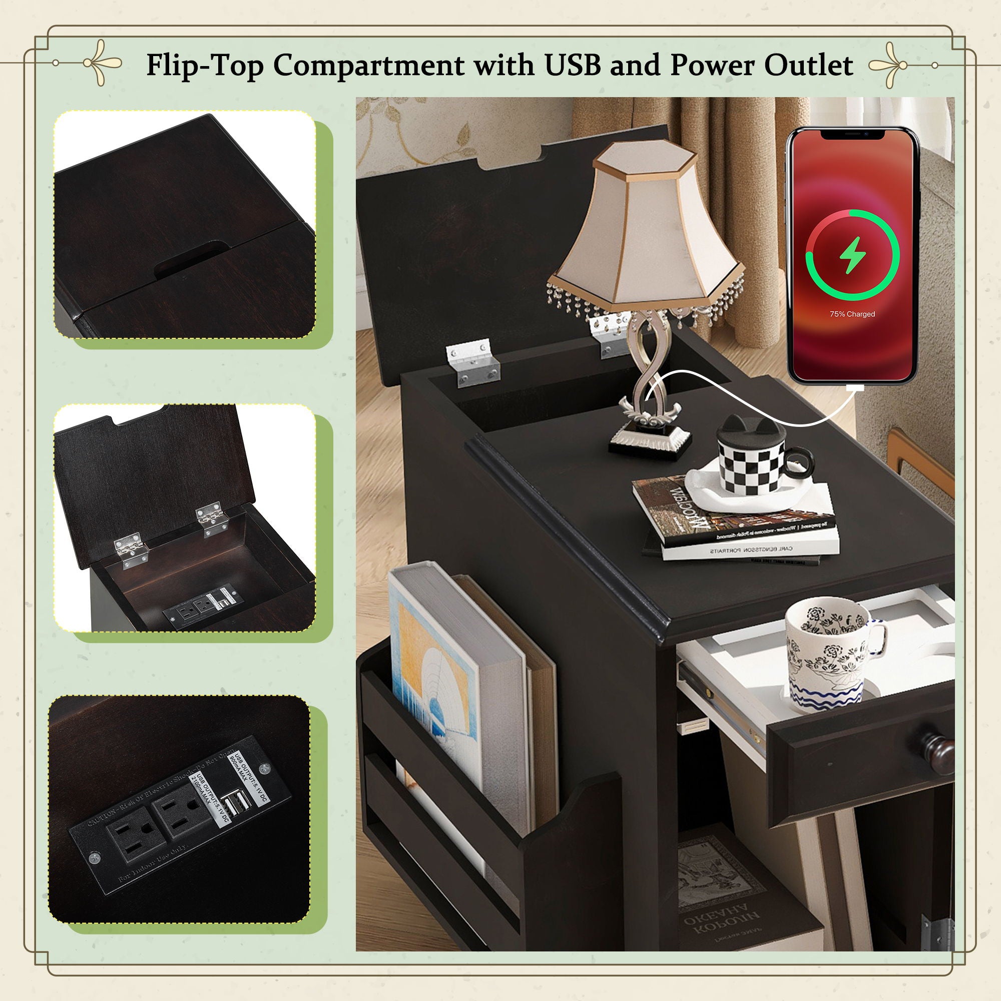 Vintage Flip Top Side Table With USB Ports