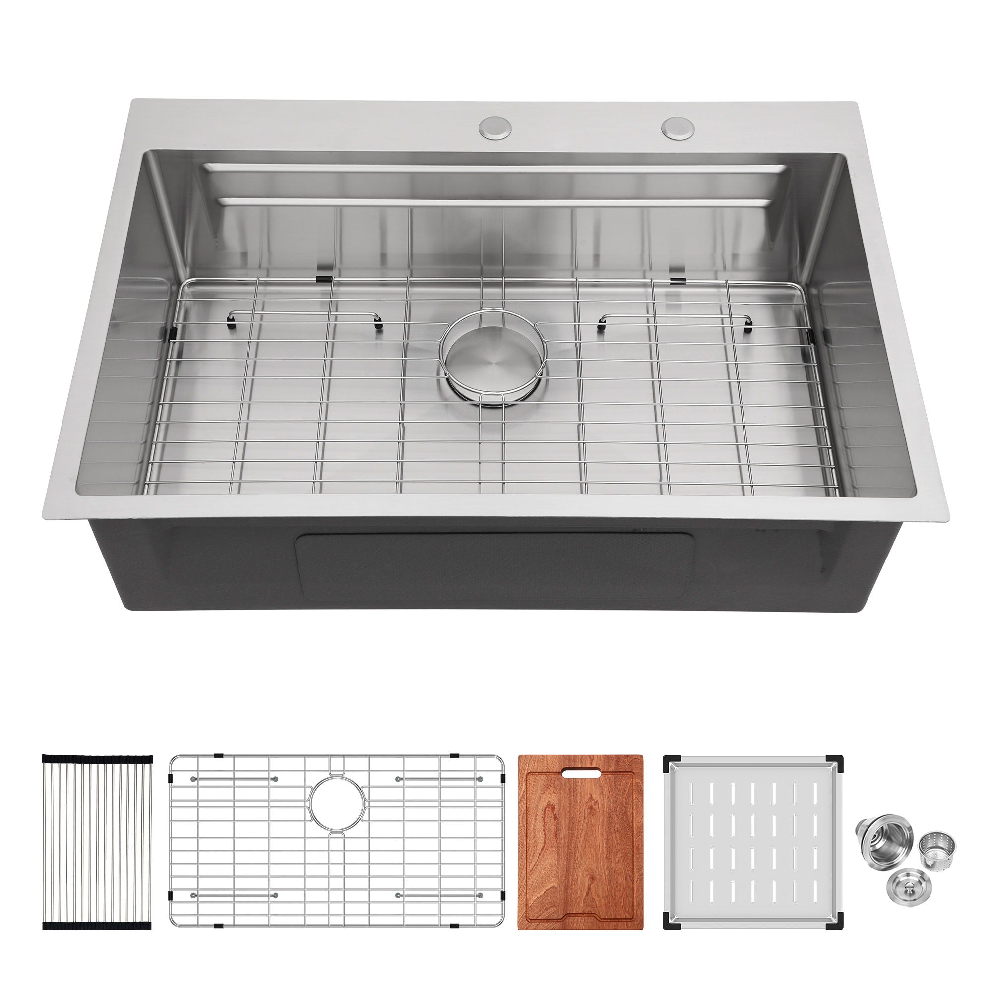 33" Drop In Kitchen Sink Single Bowl 16 Gauge Stainless Steel Ledge Workstation - Black