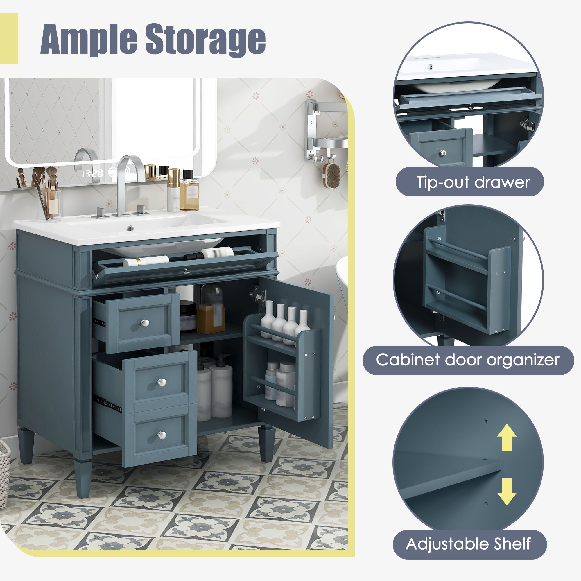 Bathroom Vanity With Top Sink, Storage Cabinet With 2 Drawers And Tip Out Drawer, Rectangular Design - Indigo Blue