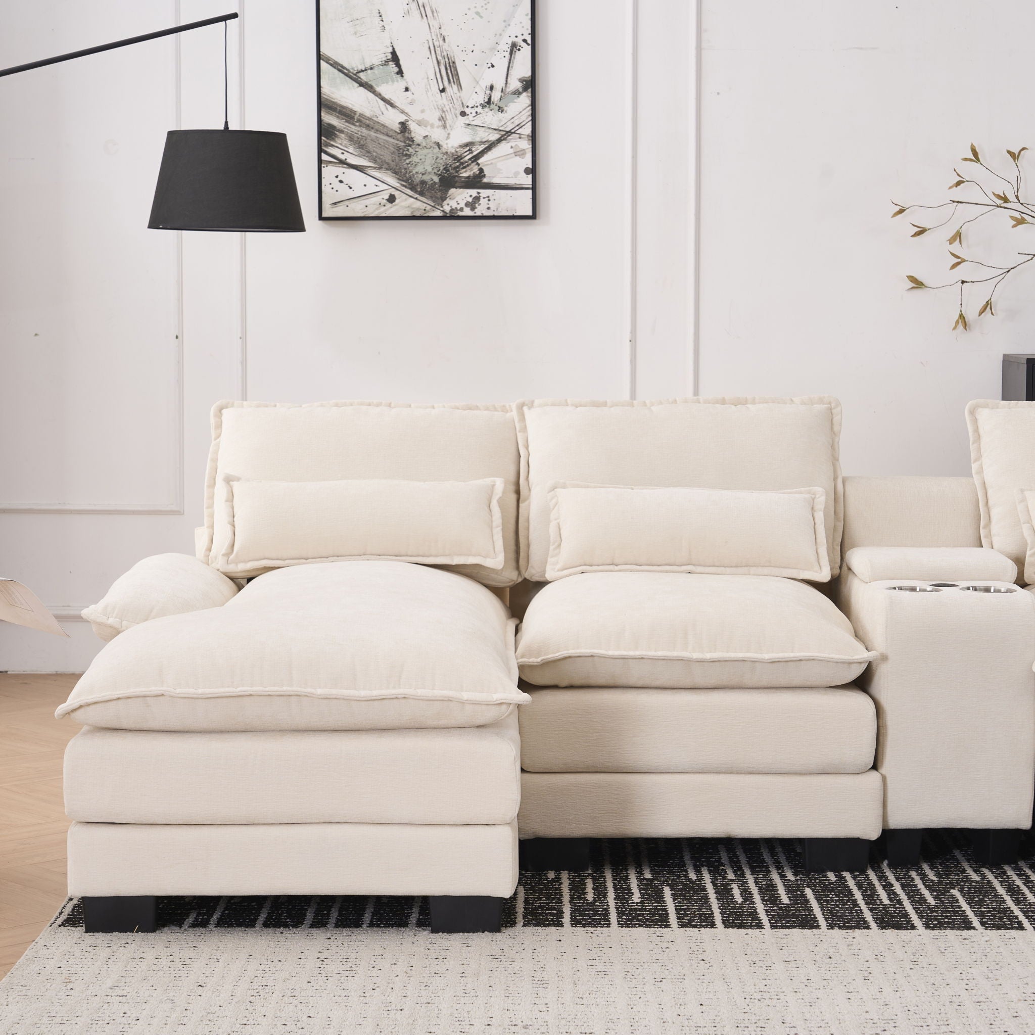 U Shaped Sofa With Console, Cupholders, USB Ports, 6 Seat, Bronzing Suede &