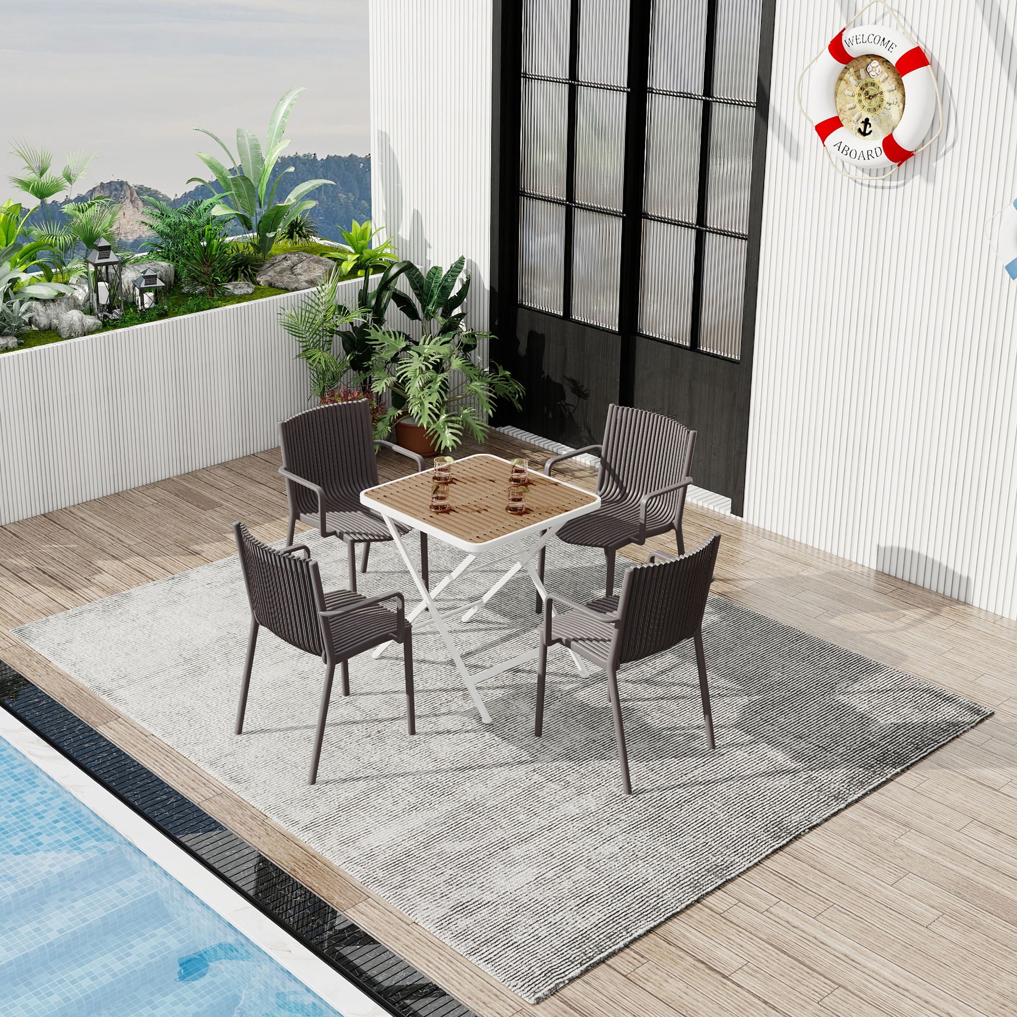 4 Piece Stackable Single Chairs With Vertical Stripe Design For All Weather