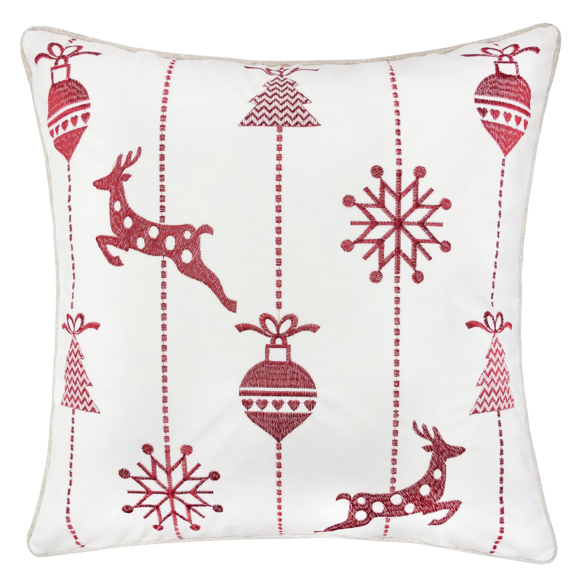Christmas Throw Pillow With Embroidered Reindeer And Snowflakes - White
