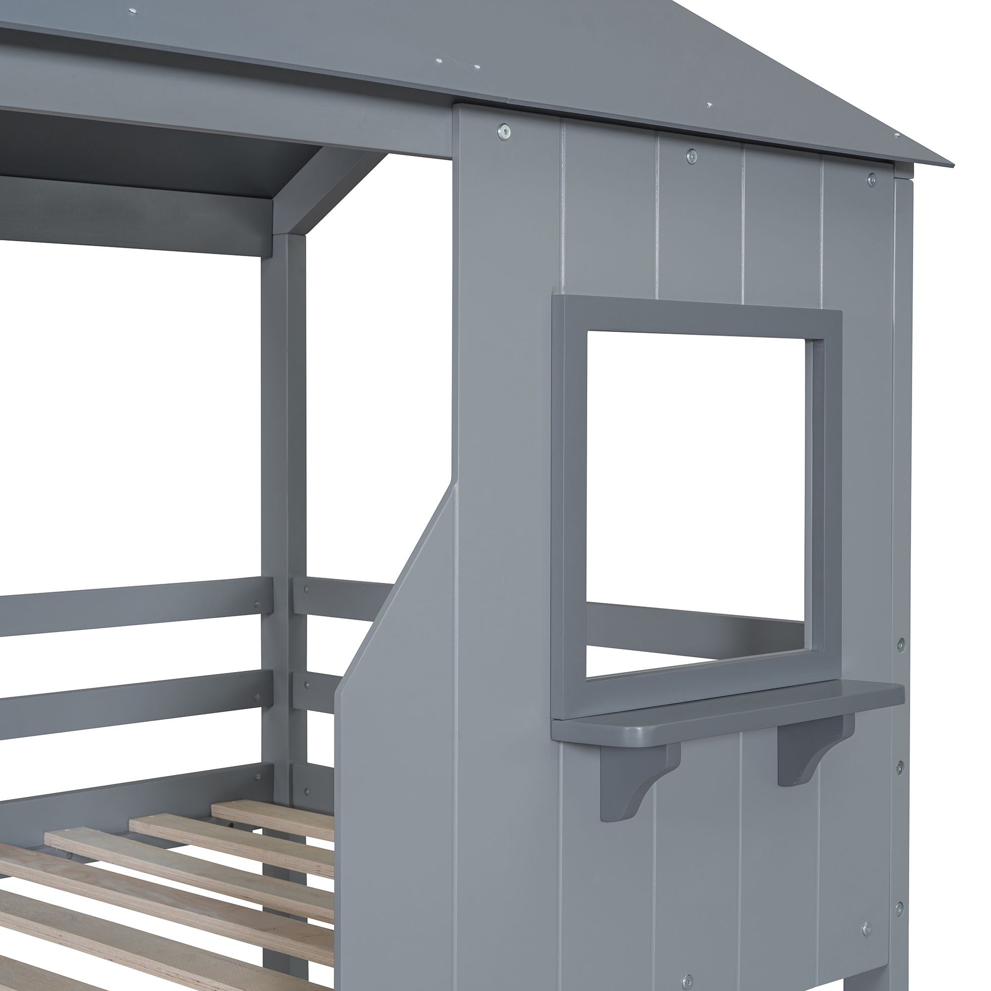 Twin Over Twin Bunk Bed With Roof, Window, Guardrail, Ladder