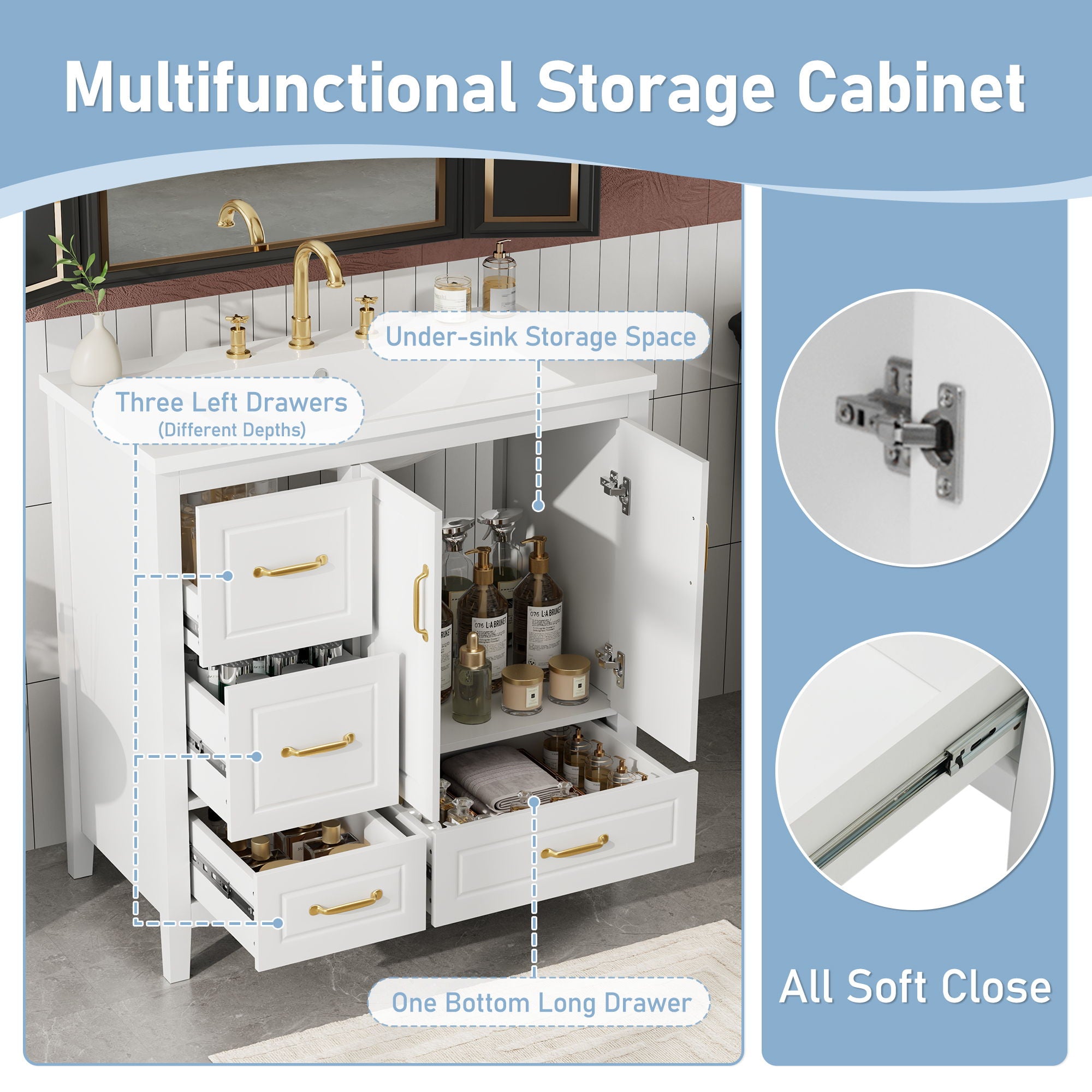 Bathroom Vanity With Sink, Soft Closing Doors & Drawers, Metal Handles