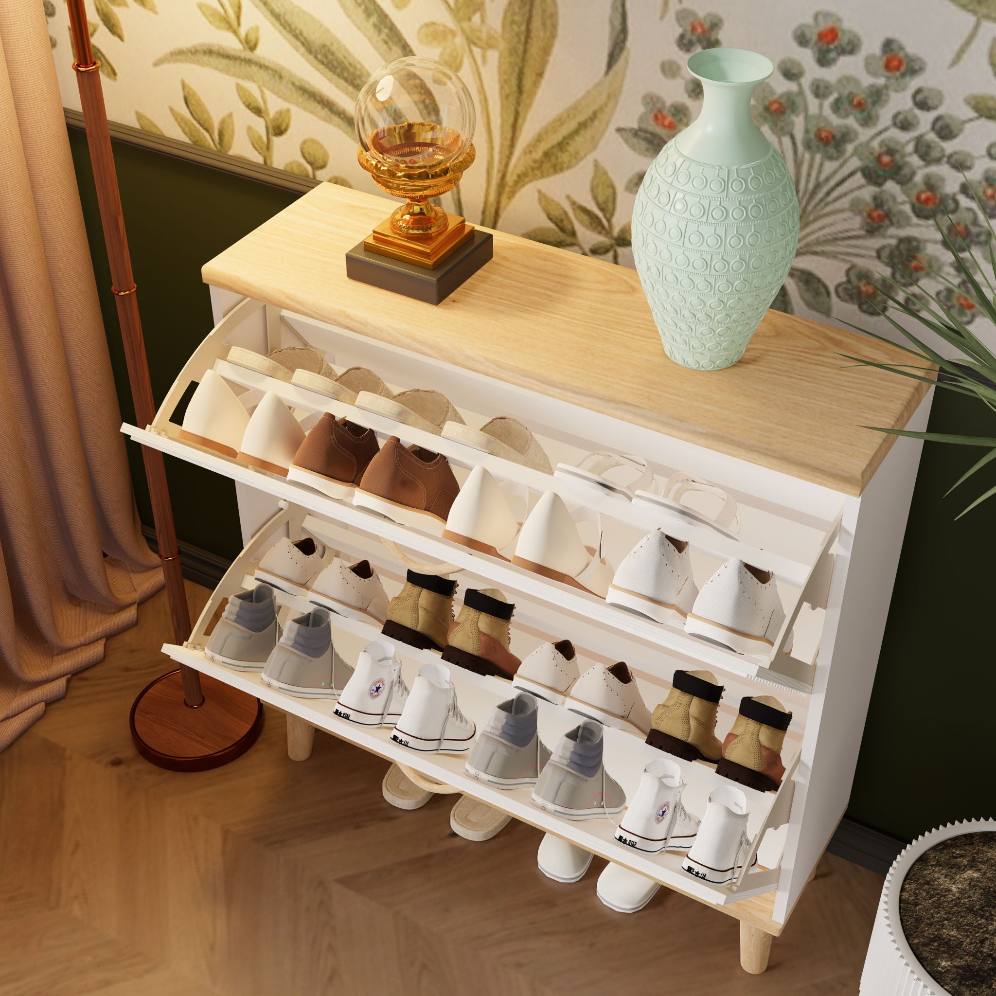 Narrow - Entryway Shoe Storage Cabinet With 2 Flip Drawers Legs - Natural / White