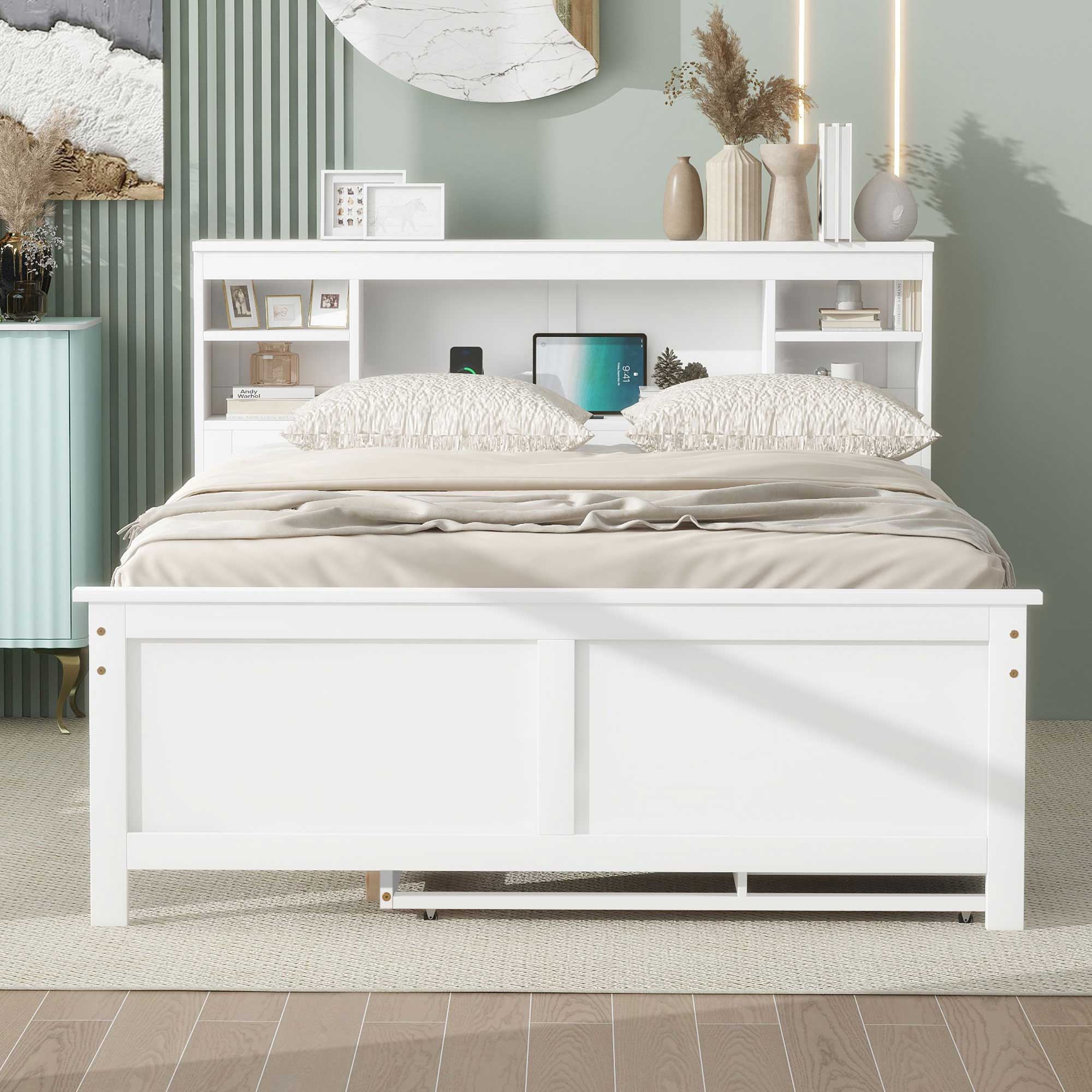 Platform Bed With Storage Headboard, USB, Trundle And 3 Drawers