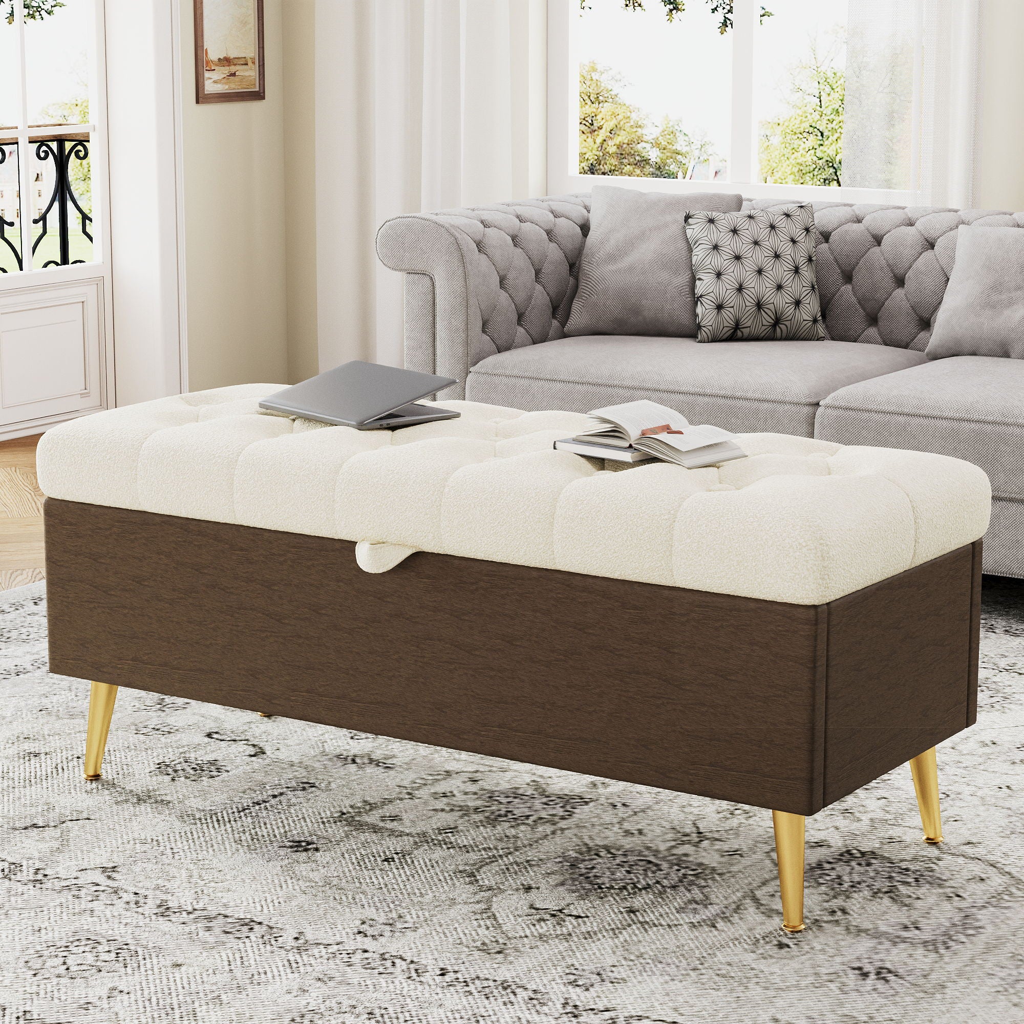 Modern Tufted Storage Ottoman Bench With Metal Legs