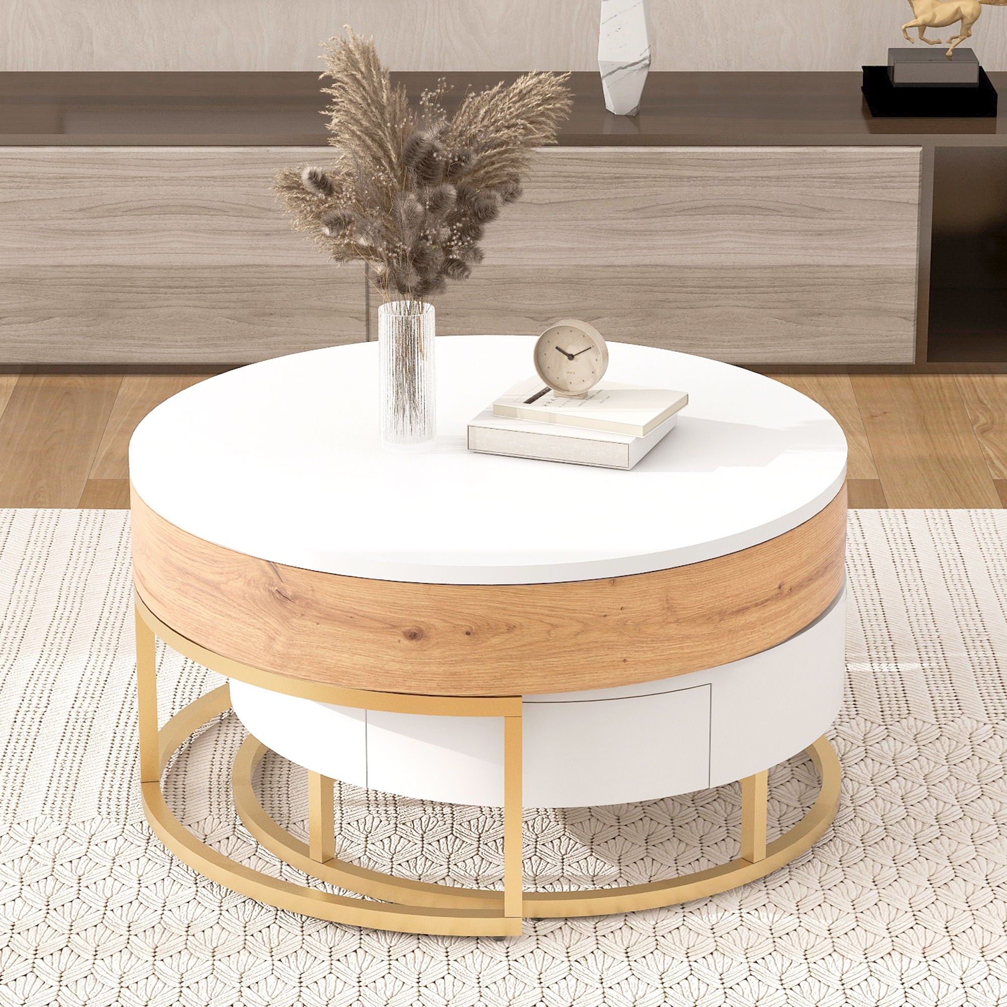 Modern Round Lift-Top Nesting Coffee Tables With 2 Drawers