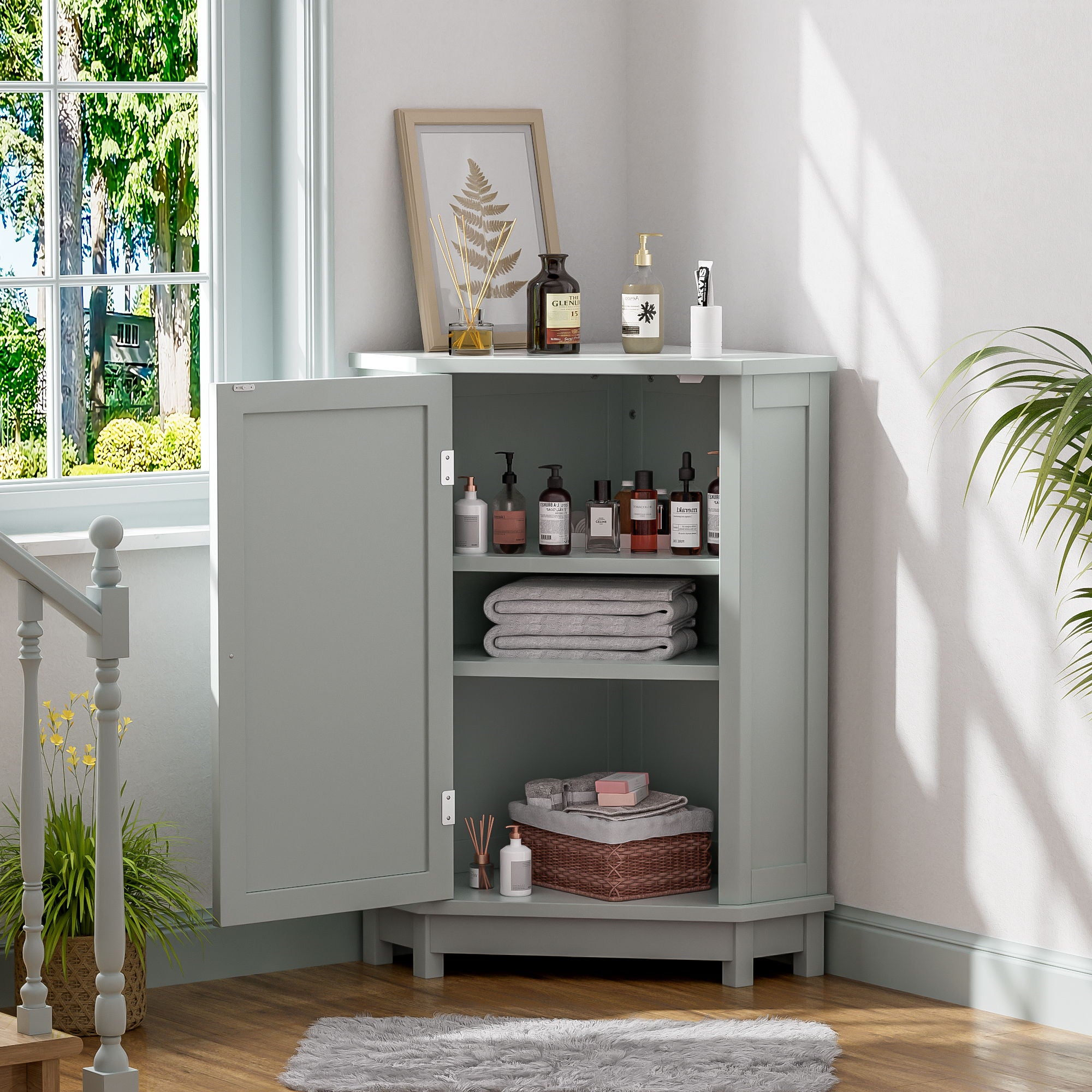Bathroom Cabinet Triangle Corner Storage Cabinet With Adjustable Shelf Modern Style
