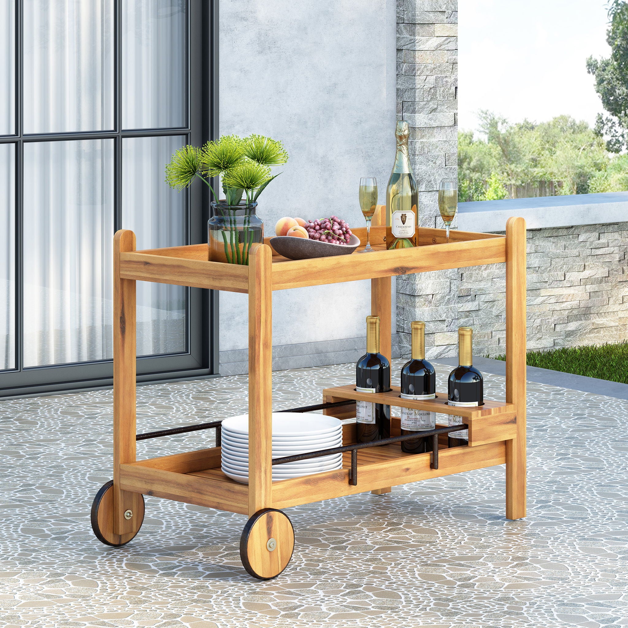 Bar Cart With Wine Bottle Holders, - Black