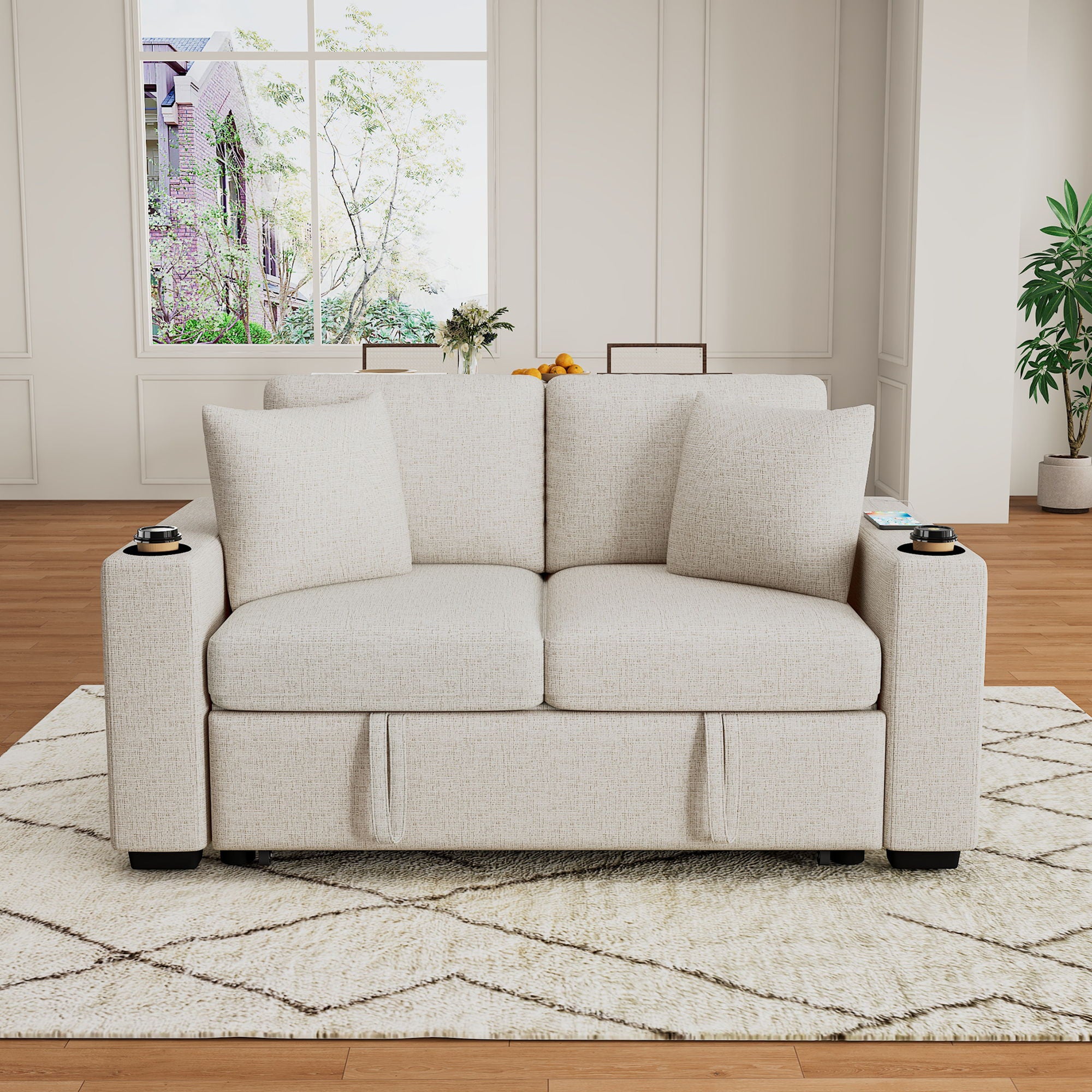 Modern 2 Seater Loveseat Sofa With Pull-Out Bed, Fabric, Built-In USB Ports & Cup Holders