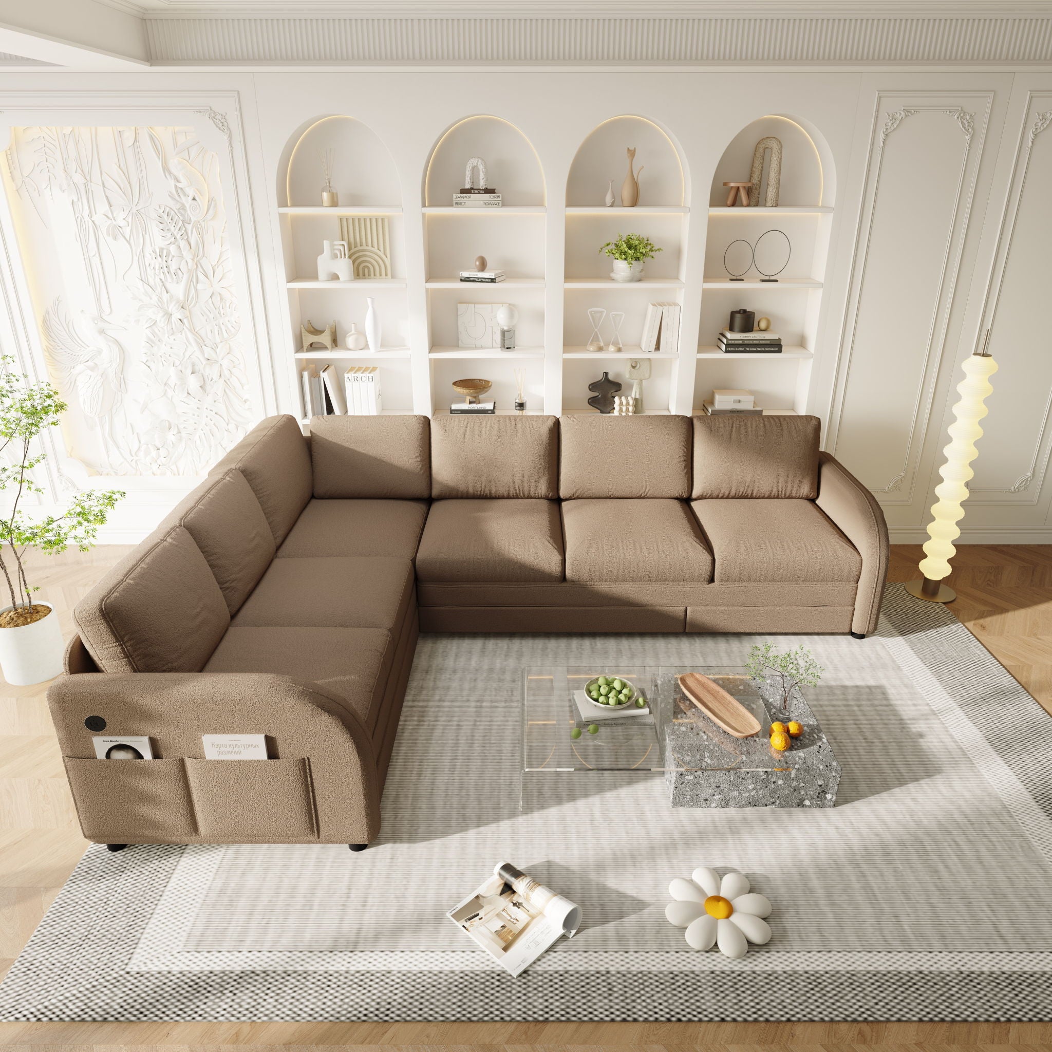 L-Shaped Couch With Pull-Out Bed, Convertible Sleeper Sofa With Side Pocket & USB Port