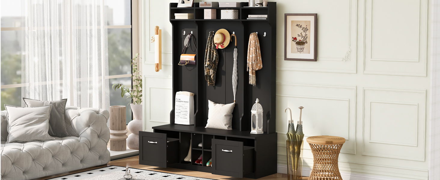 5 In 1 Entryway Bench With Coat Rack, 7 Sturdy Hooks, 2 Spacious Drawers And Adjustable Shelves