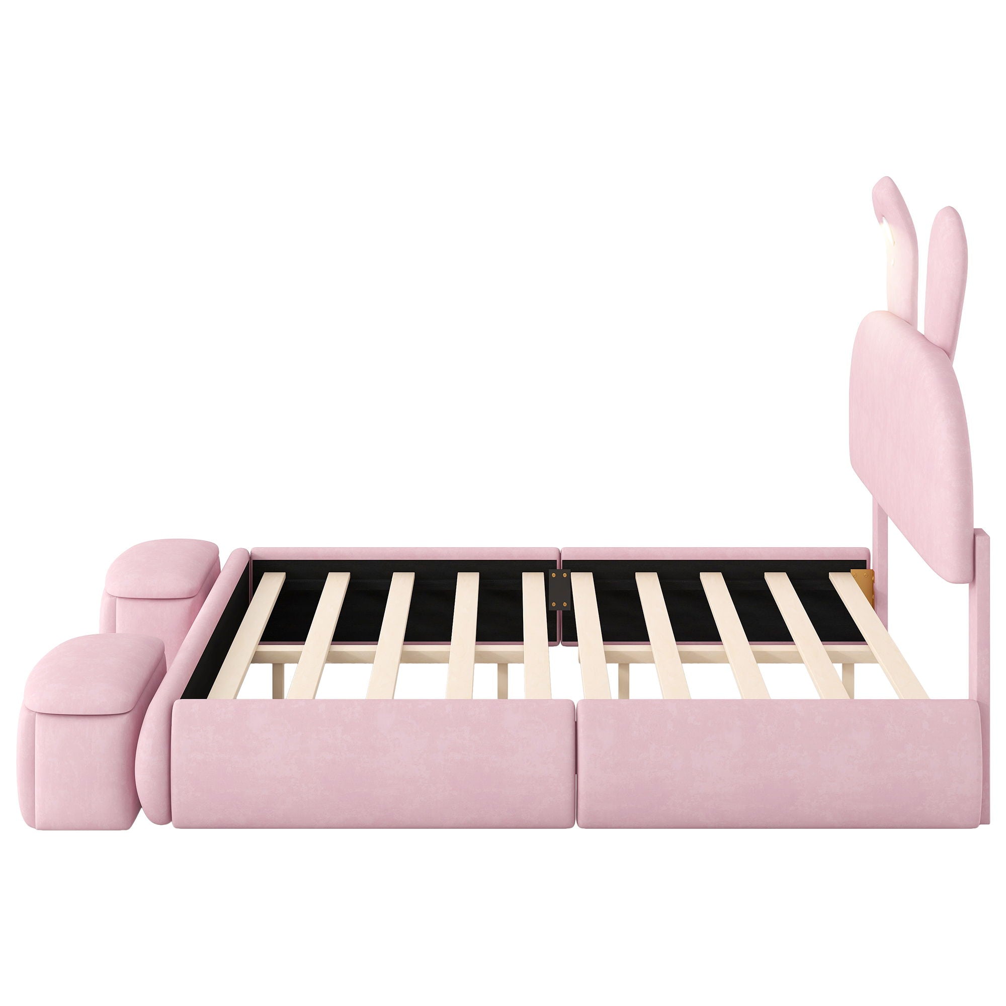 Full Upholstered Platform Bed With Cartoon Ears Headboard And LED Light - Pink