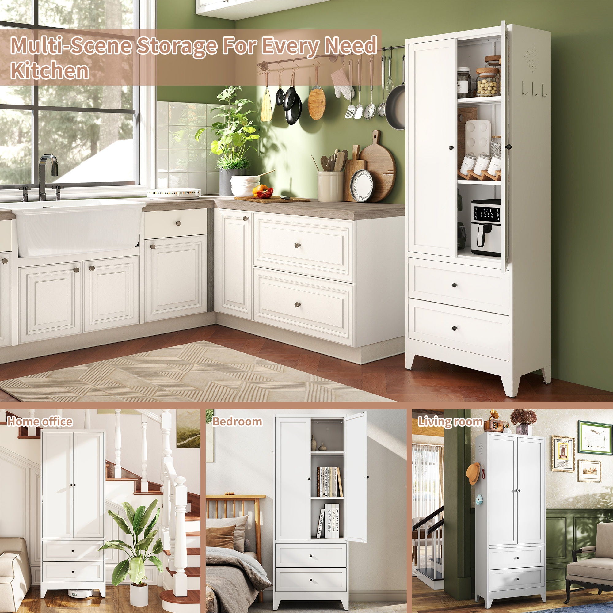 Pantry Cabinet With 2 Drawers, Adjustable Shelves, Freestanding Kitchen Storage Organizer - White