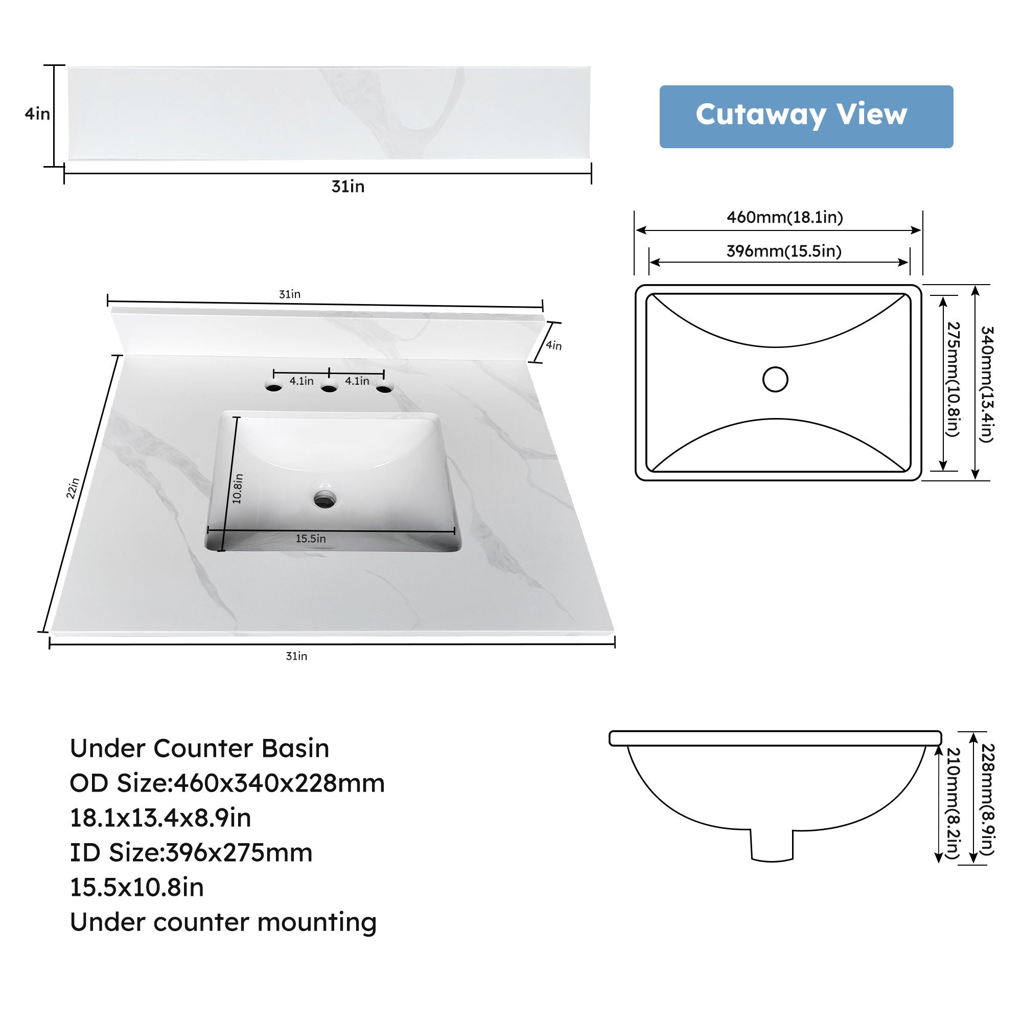 Bathroom Vanity Top With Undermount Sink, 3 Pre Drilled Holes