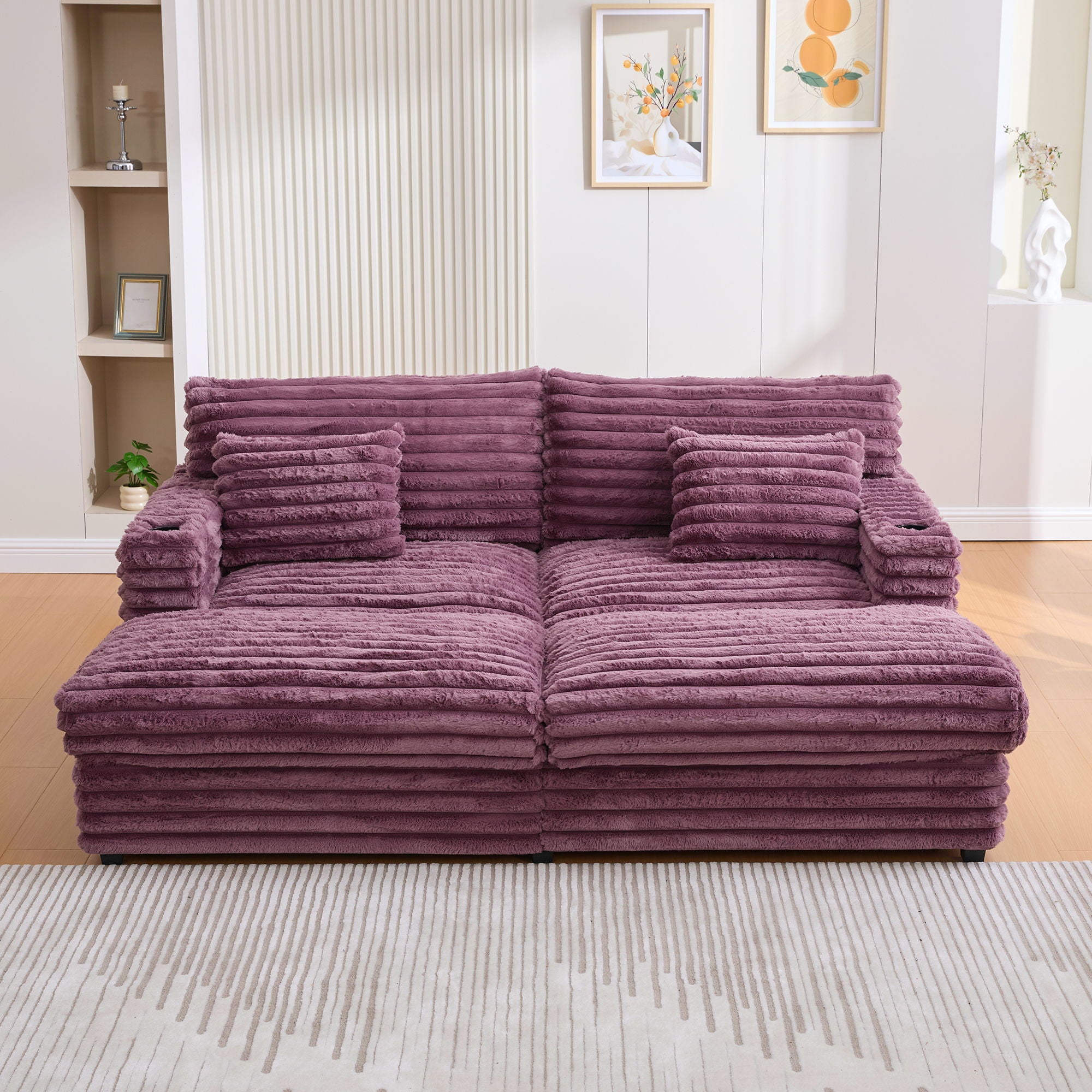 Oversized Double Chaise Lounge Sofa Bed With USB Ports And Cup Holders