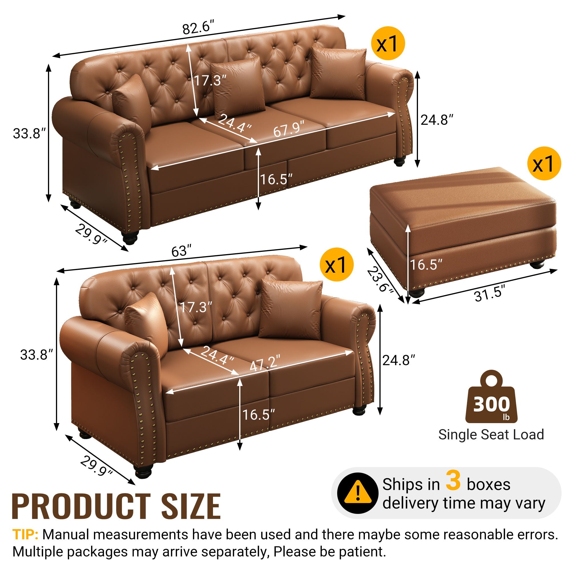 Upholstered Sofa With Nailhead Trim, Rolled Armrests With Ottoman