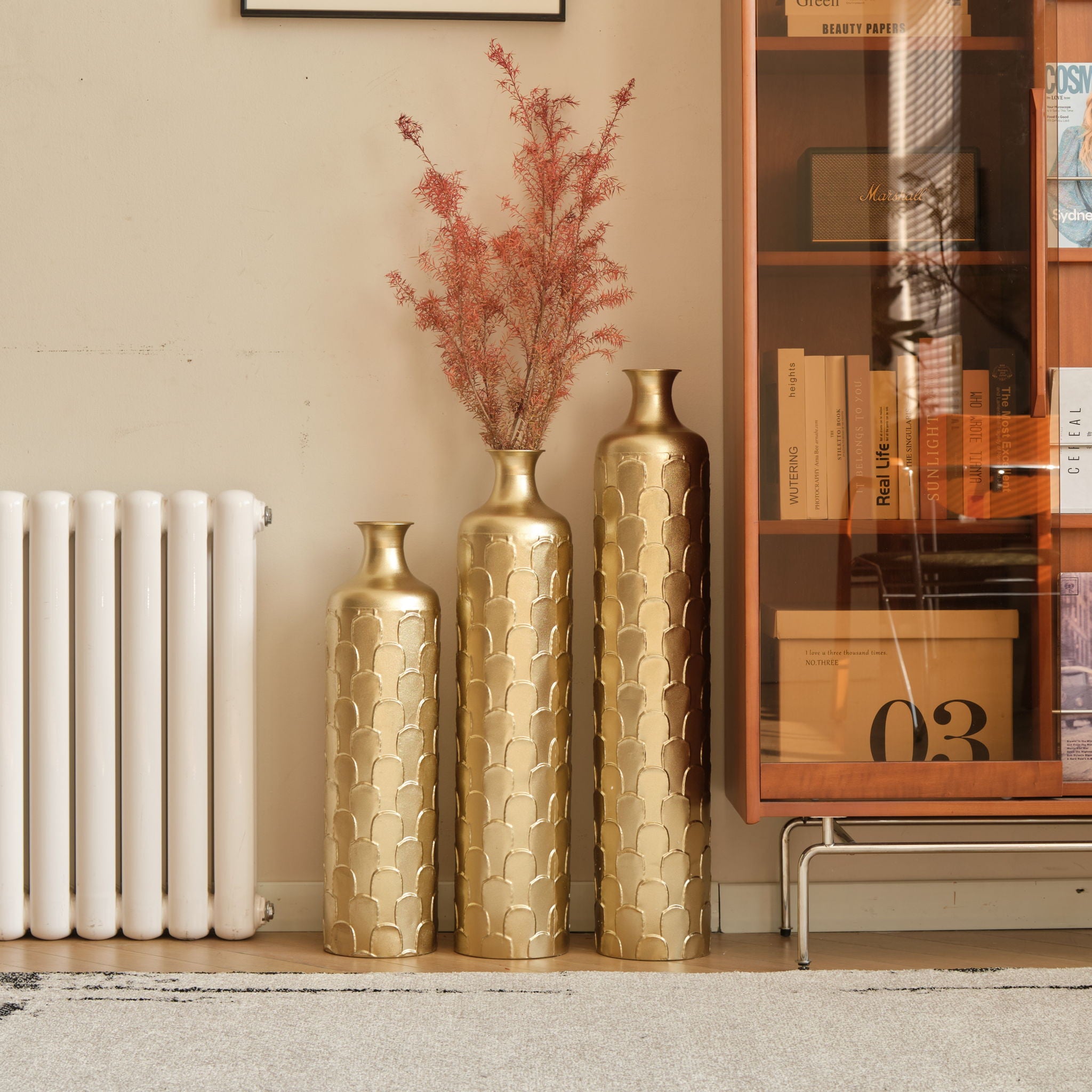 Floor Metal Vases Decorated White Metal Vases (Set of 3) Gorgeous Home Decoration Large Glazed Metal Vases - Golden