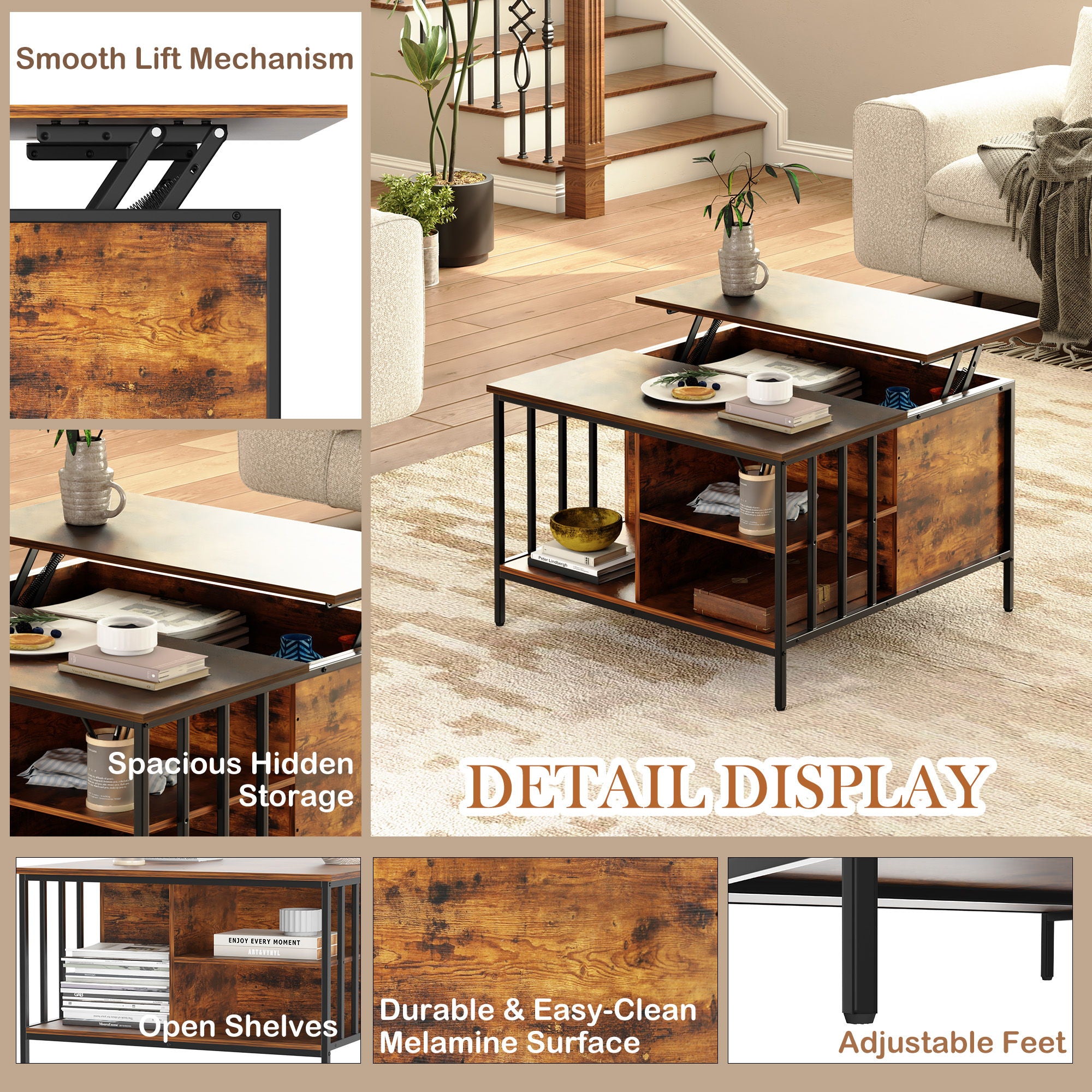 Lift Top Coffee Table With Storage, Adjustable Height Living Room - Black / Brown